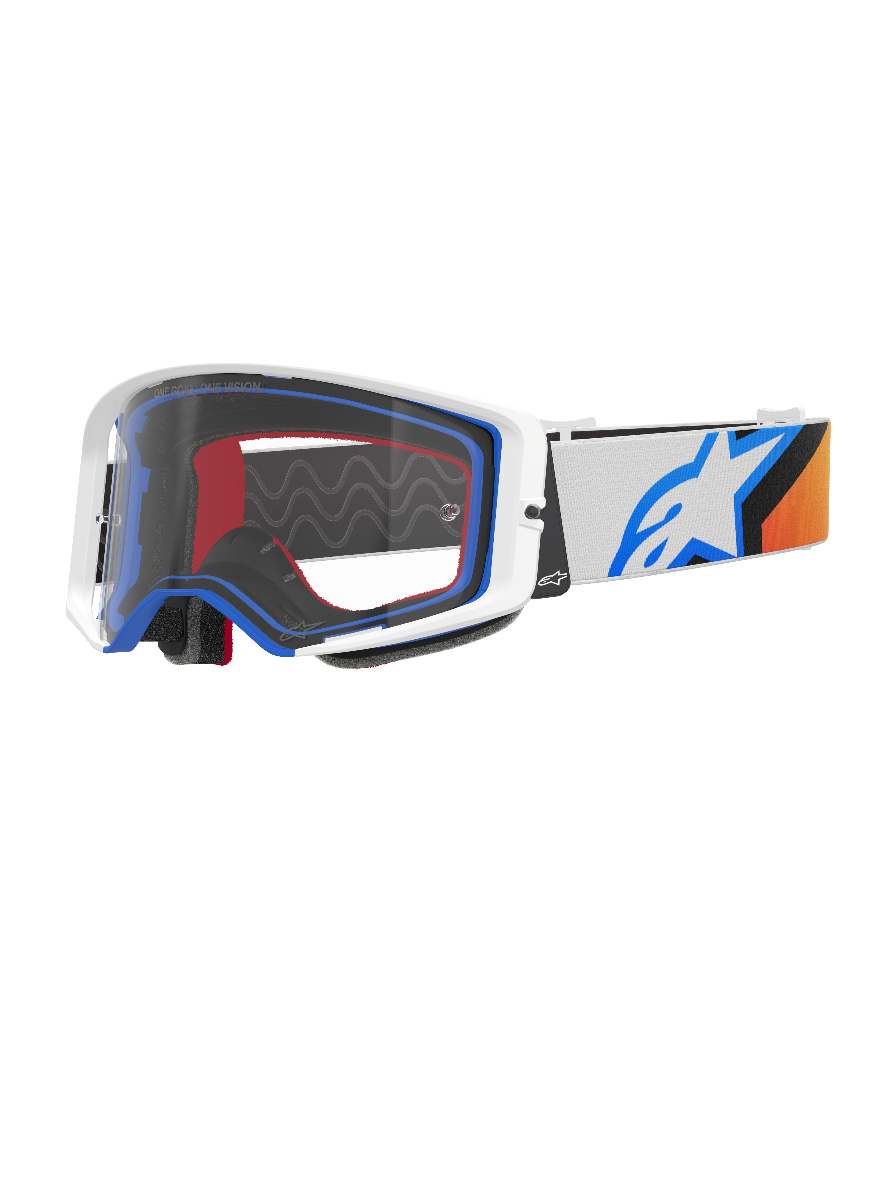 Alpinestars Supertech Corp Goggles, maschera da motocross, blu, arancione e bianco, lente trasparente con montatura bianca e dettagli blu, ampia fascia con logo a stella Alpinestars e grip in silicone, protezione oculare ad alte prestazioni per competizioni fuoristrada