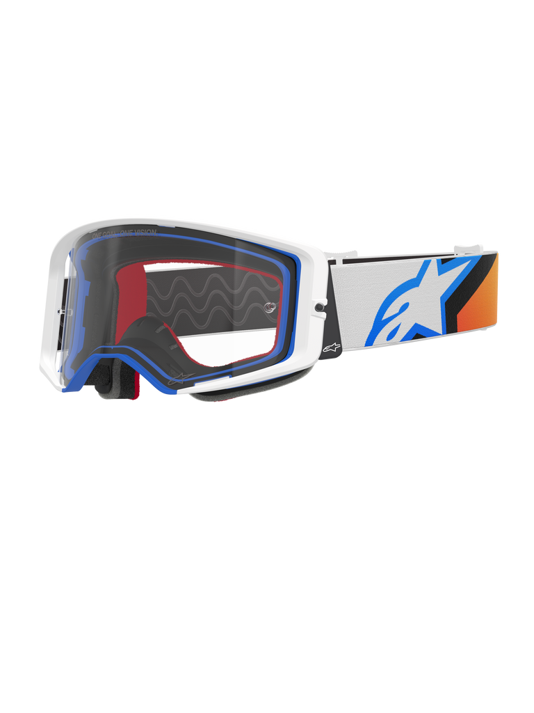 Alpinestars Supertech Corp Goggles, maschera da motocross, blu, arancione e bianco, lente trasparente con montatura bianca e dettagli blu, ampia fascia con logo a stella Alpinestars e grip in silicone, protezione oculare ad alte prestazioni per competizioni fuoristrada