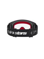 Alpinestars maschere Supertech Dura Air Fluid, maschere da motocross e fuoristrada, nero e argento con lente trasparente e imbottitura interna rossa, vista posteriore del cinturino regolabile con logo Alpinestars argento
