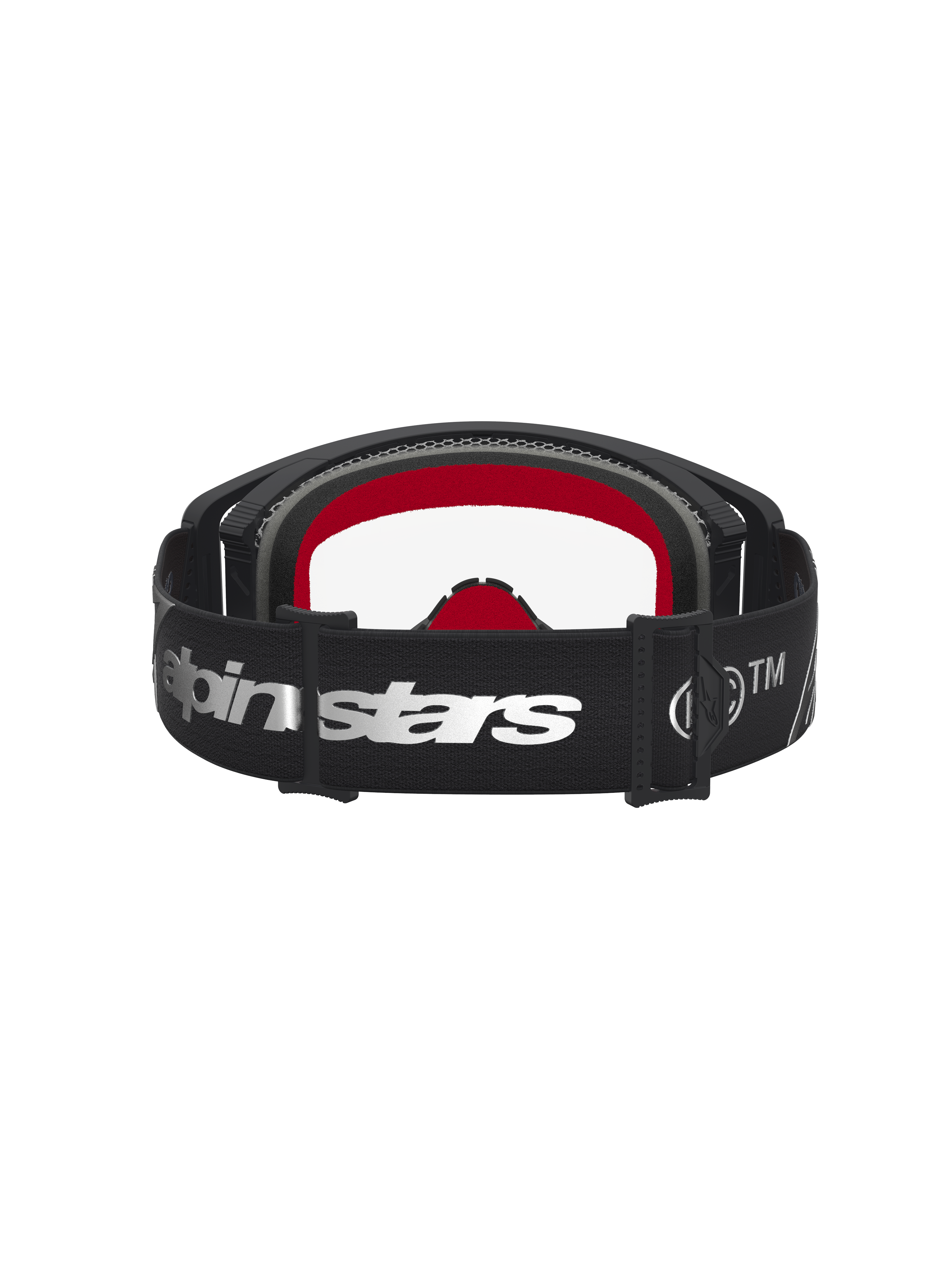 Alpinestars maschere Supertech Dura Air Fluid, maschere da motocross e fuoristrada, nero e argento con lente trasparente e imbottitura interna rossa, vista posteriore del cinturino regolabile con logo Alpinestars argento