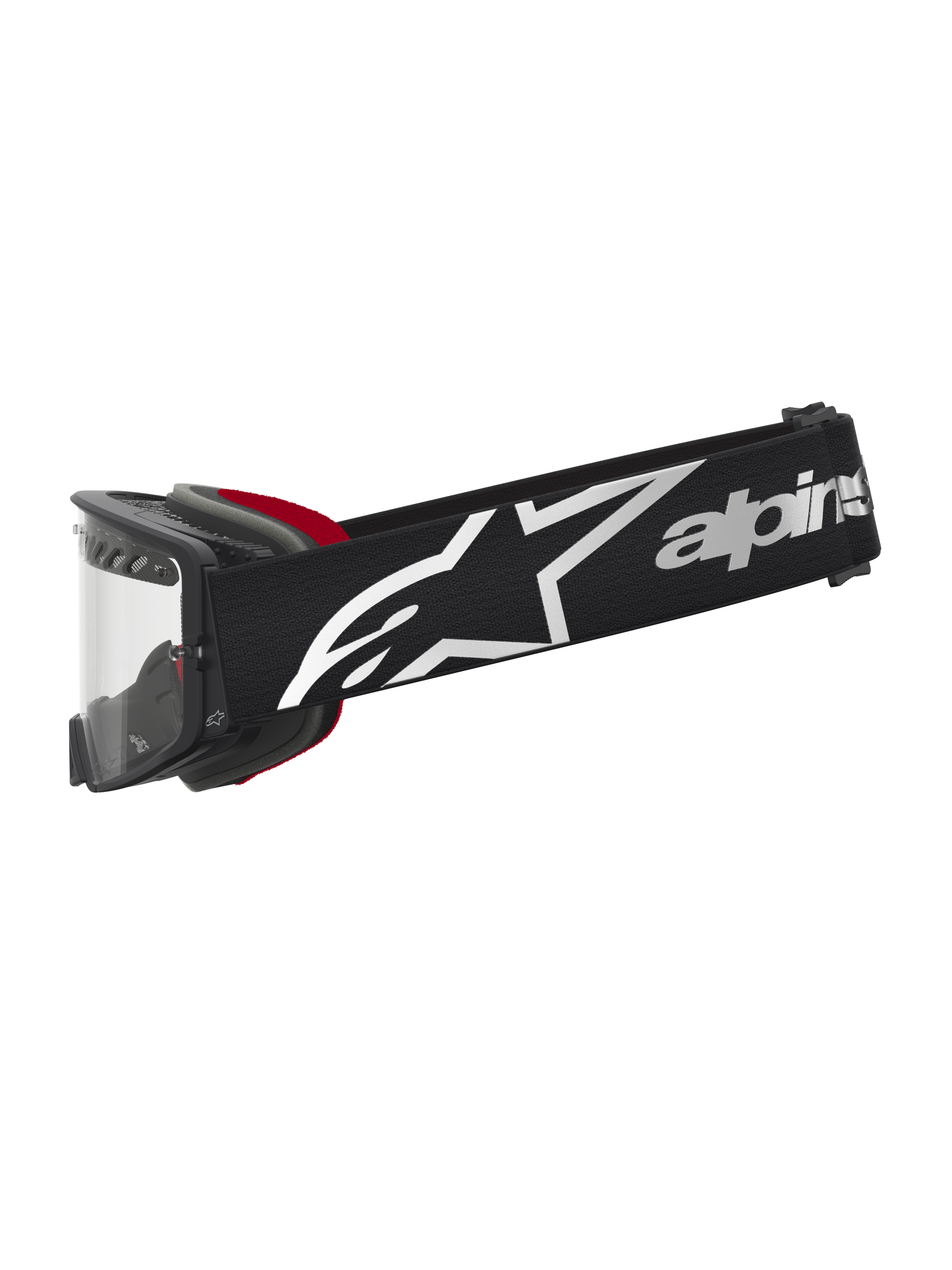 Alpinestars maschere Supertech Dura Air Fluid, maschere motocross off-road, nero e rosso, lente trasparente e logo bianco.