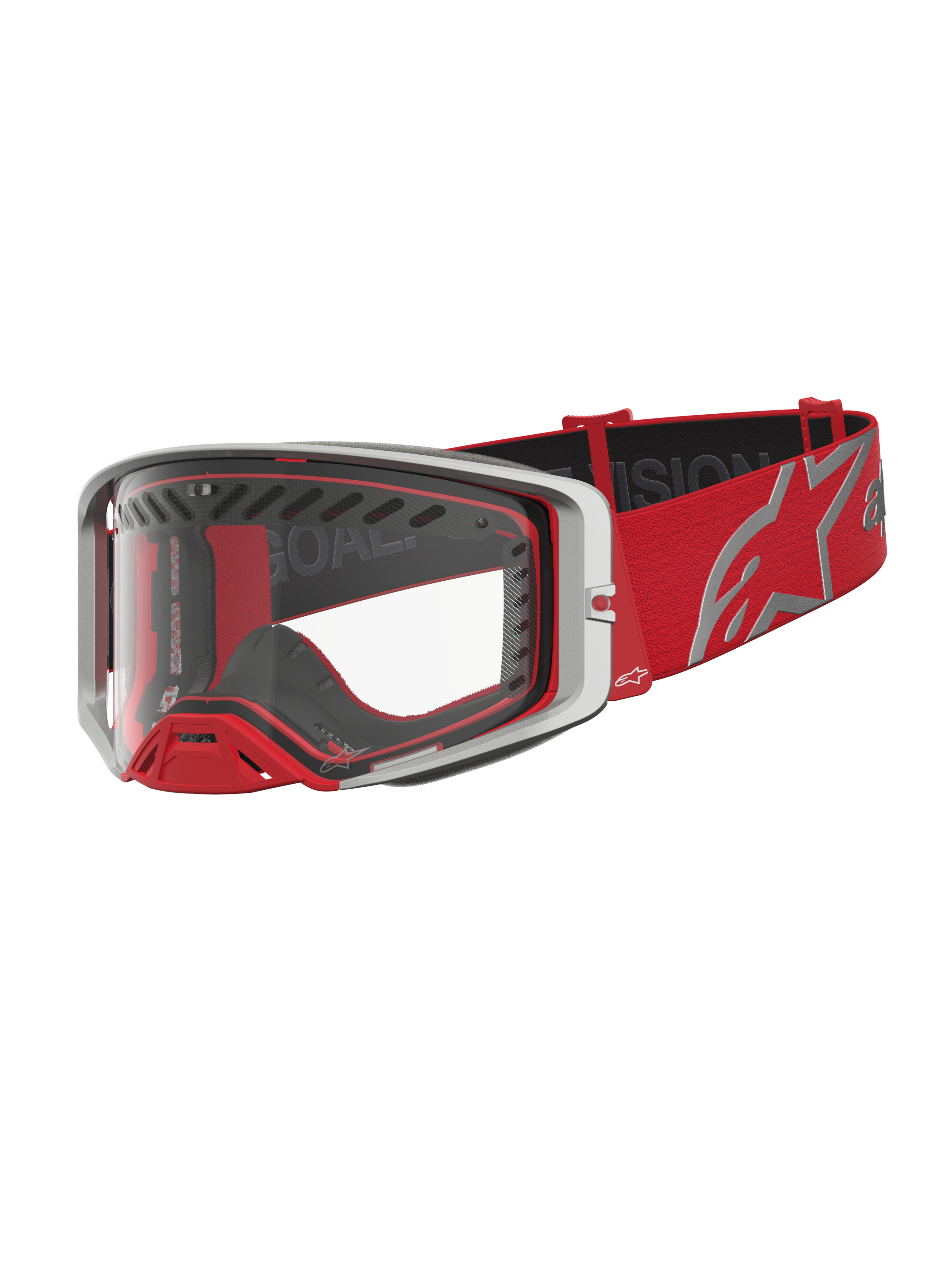 Alpinestars Supertech Dura Air Fluid, maschere da motocross racing, rosse e argento, con lente in policarbonato trasparente.