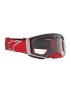 Maschere Alpinestars Supertech Dura Air Fluid da motocross, rosse e argento, con lente trasparente e ventilazione avanzata.