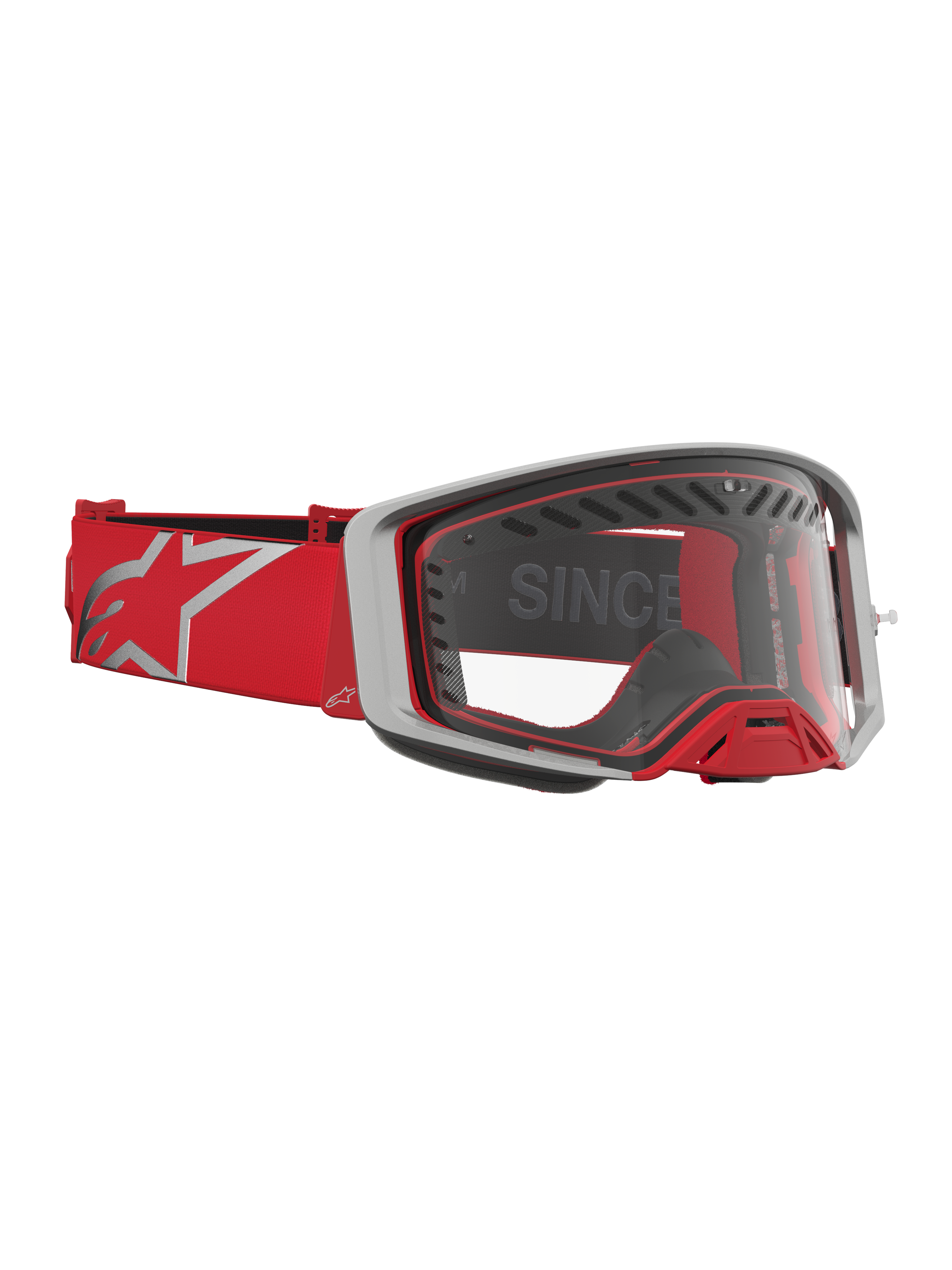 Maschere Alpinestars Supertech Dura Air Fluid da motocross, rosse e argento, con lente trasparente e ventilazione avanzata.