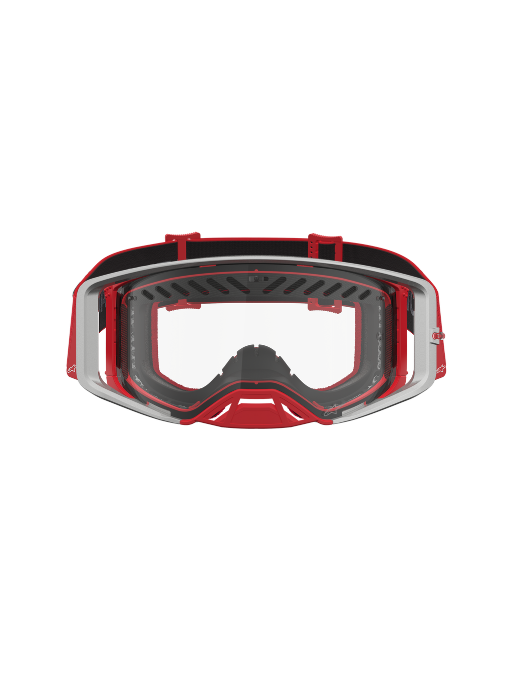 Alpinestars Maschere Supertech Dura Air Fluid, maschere da motocross professionali, rosso e argento, lente in policarbonato trasparente, design per prestazioni off-road e supercross