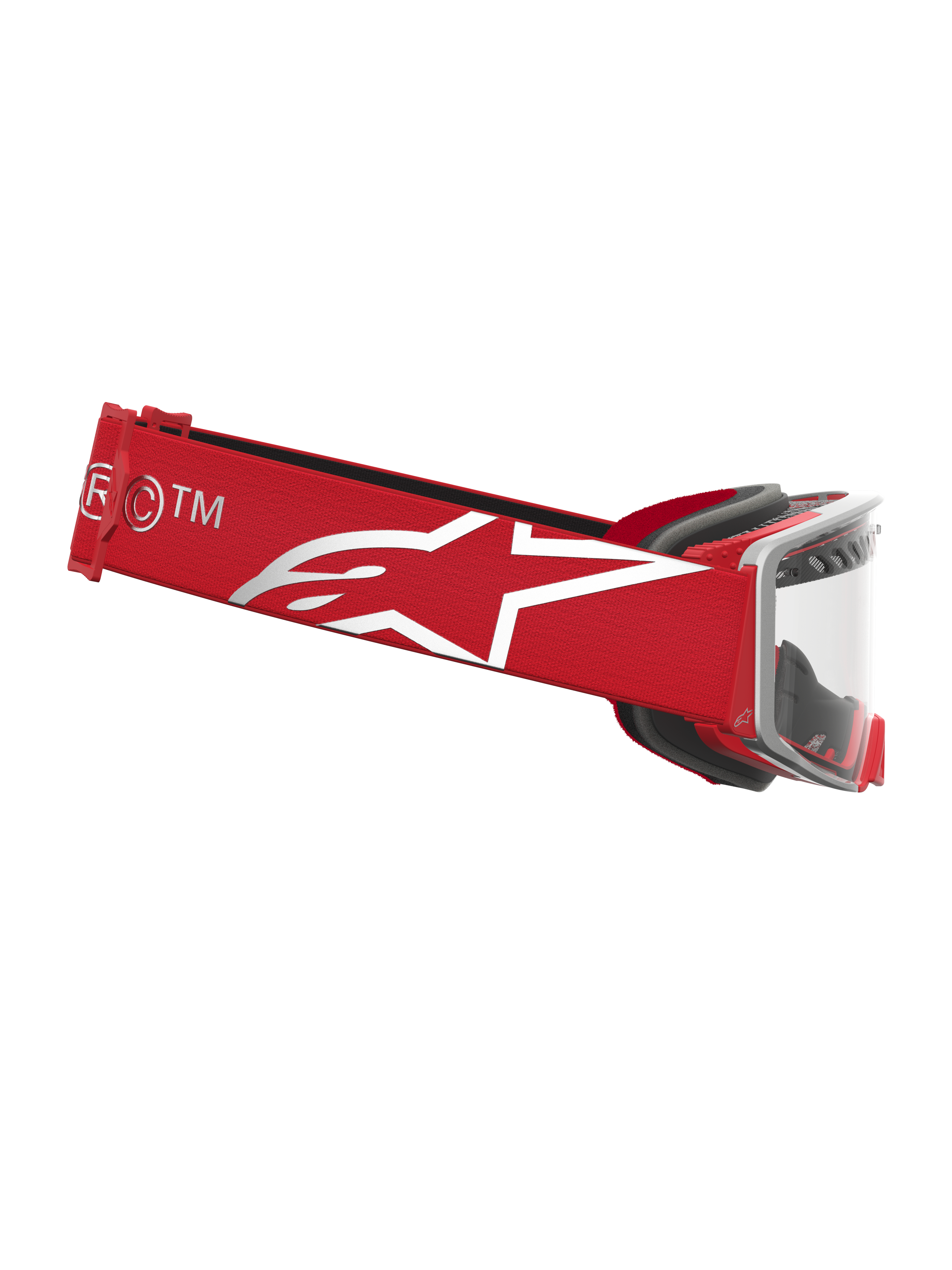 Alpinestars Maschere Supertech Dura Air Fluid, maschere da motocross racing, rosso e argento, lente chiara e logo a stella bianco sulla fascia.
