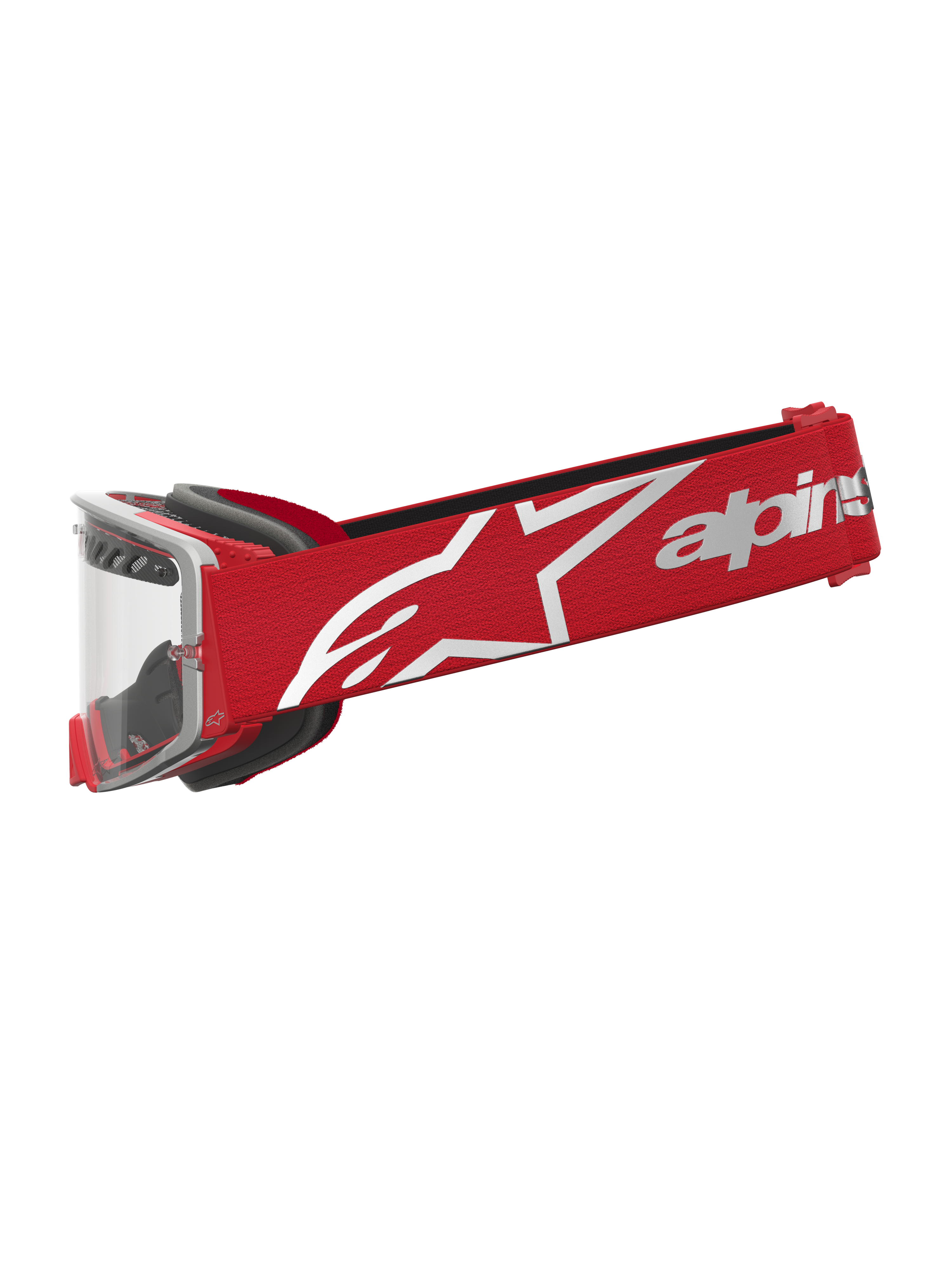 Alpinestars maschere Supertech Dura Air Fluid, occhiali da motocross rosso e argento con lente trasparente.