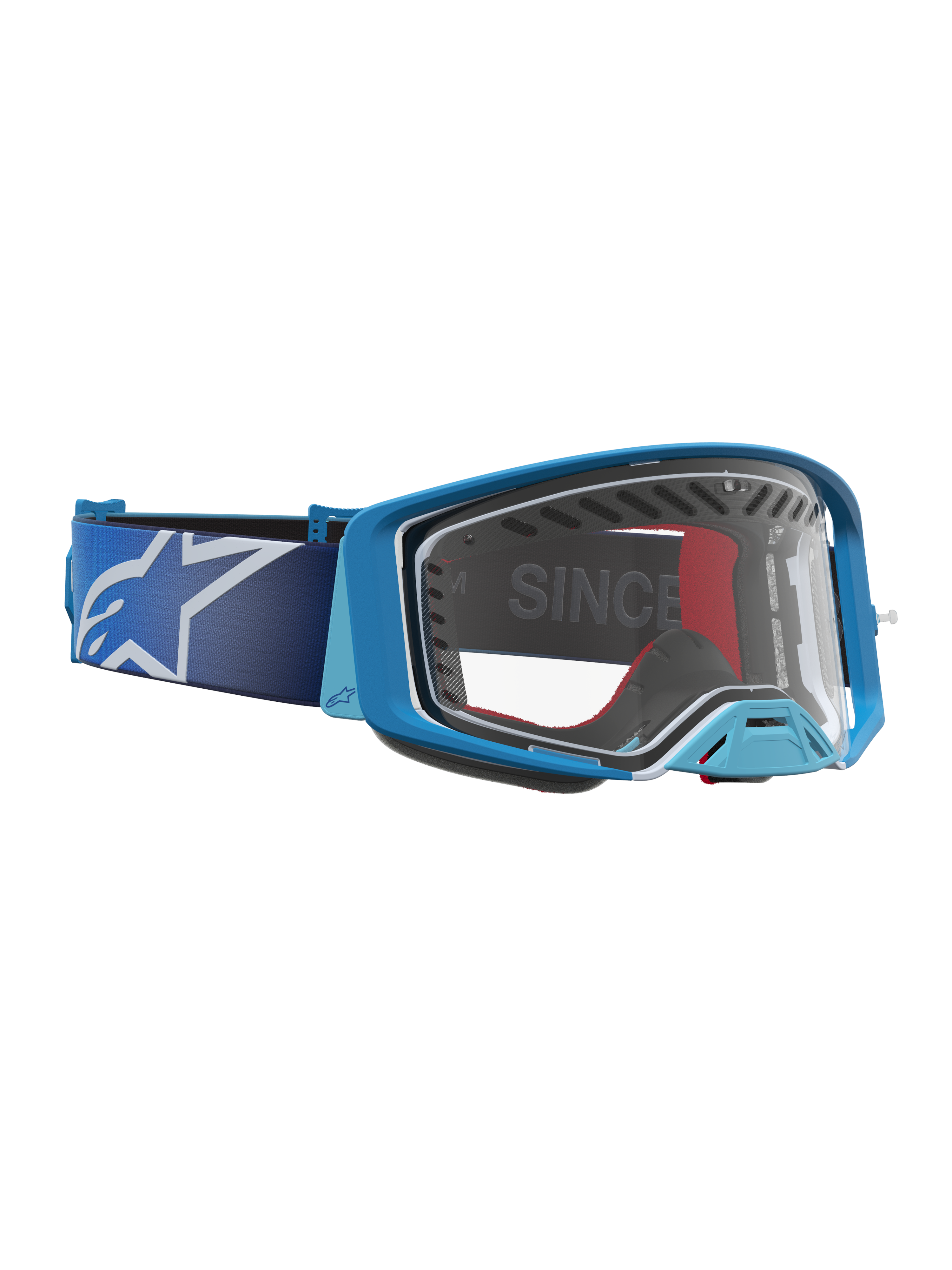 Alpinestars Maschere Supertech Dura Air Fluid, maschere da motocross blu e argento, lente trasparente e telaio ventilato.
