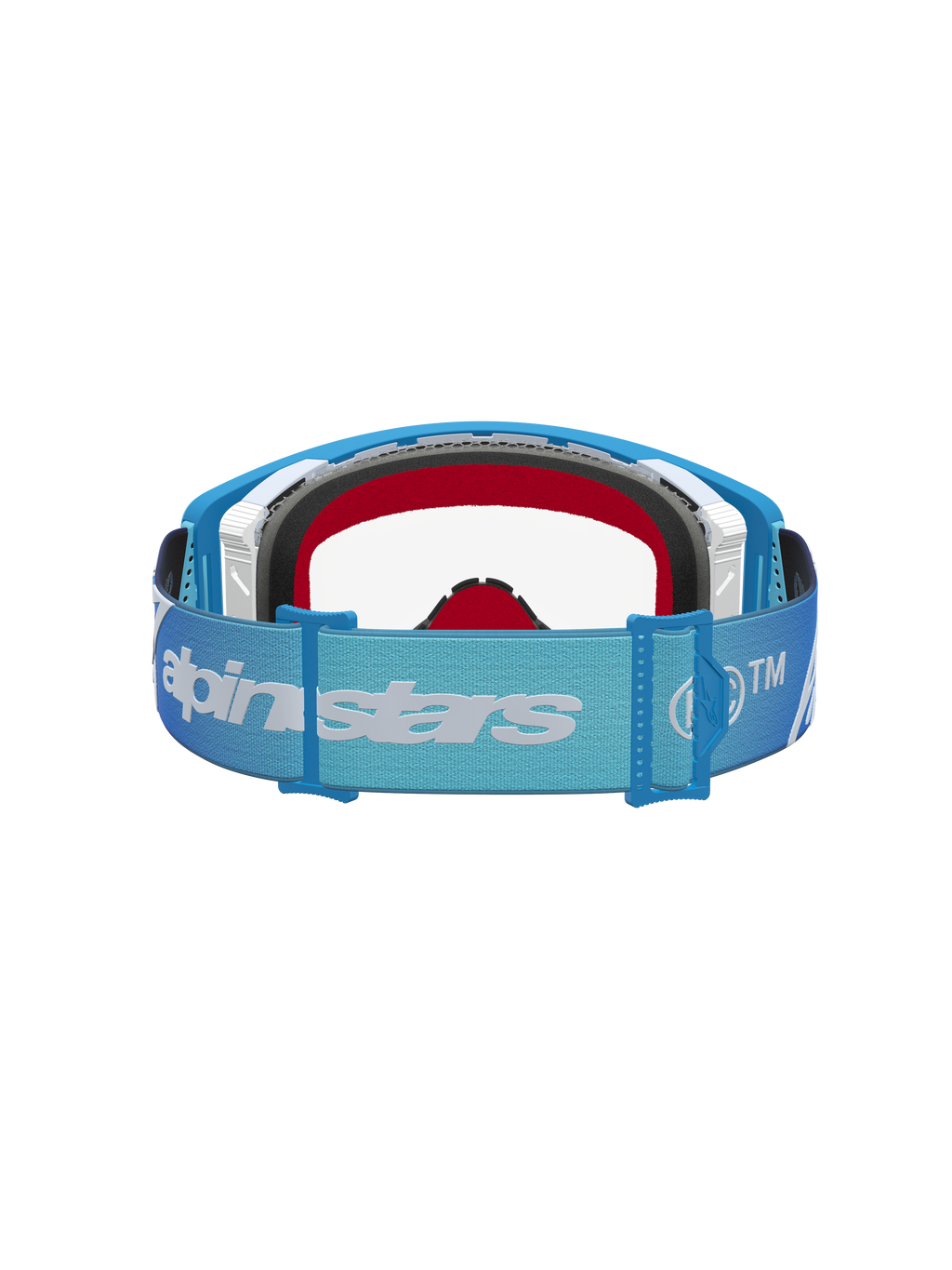 Alpinestars Maschere Supertech Dura Air Fluid, maschere da motocross, telaio blu e argento, lente trasparente, vista posteriore del cinturino regolabile con logo bianco.