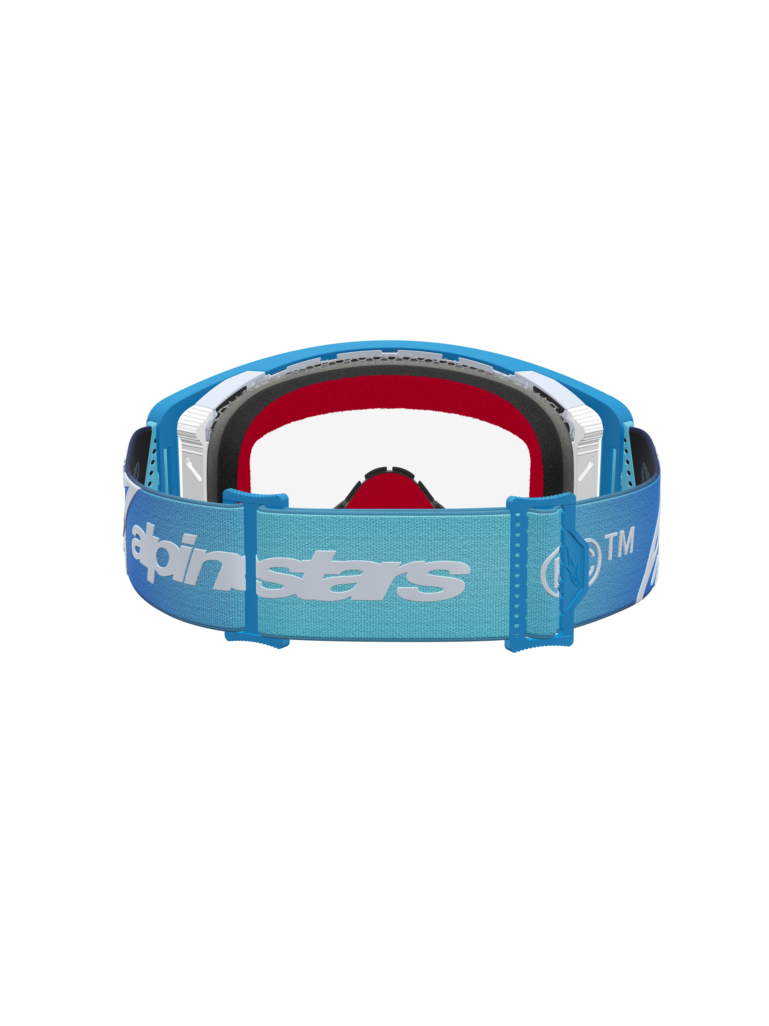 Alpinestars Maschere Supertech Dura Air Fluid, maschere da motocross, telaio blu e argento, lente trasparente, vista posteriore del cinturino regolabile con logo bianco.