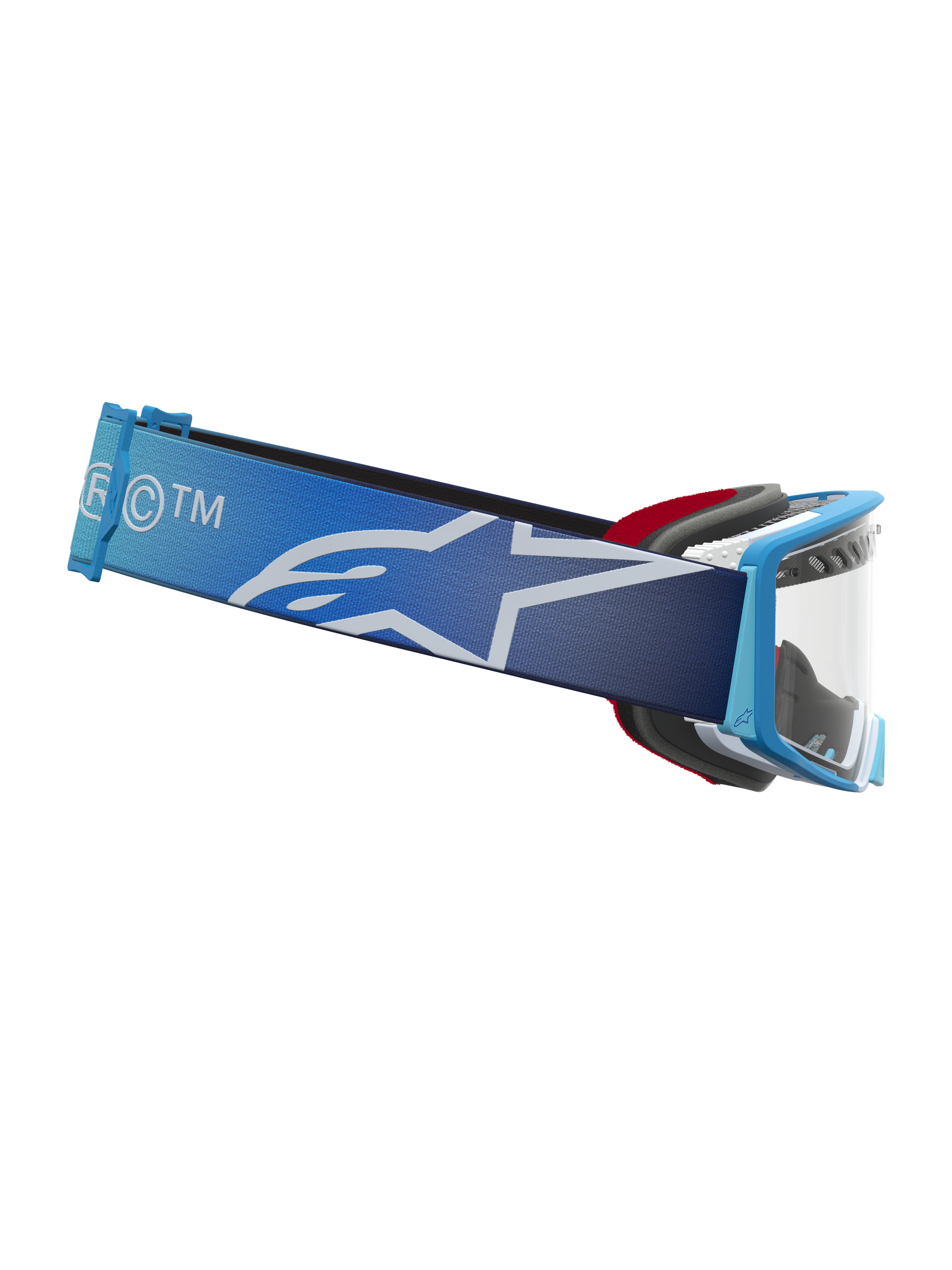 Alpinestars Maschere Supertech Dura Air Fluid, maschere motocross blu sfumato e grigio, lente trasparente e fascia con logo.