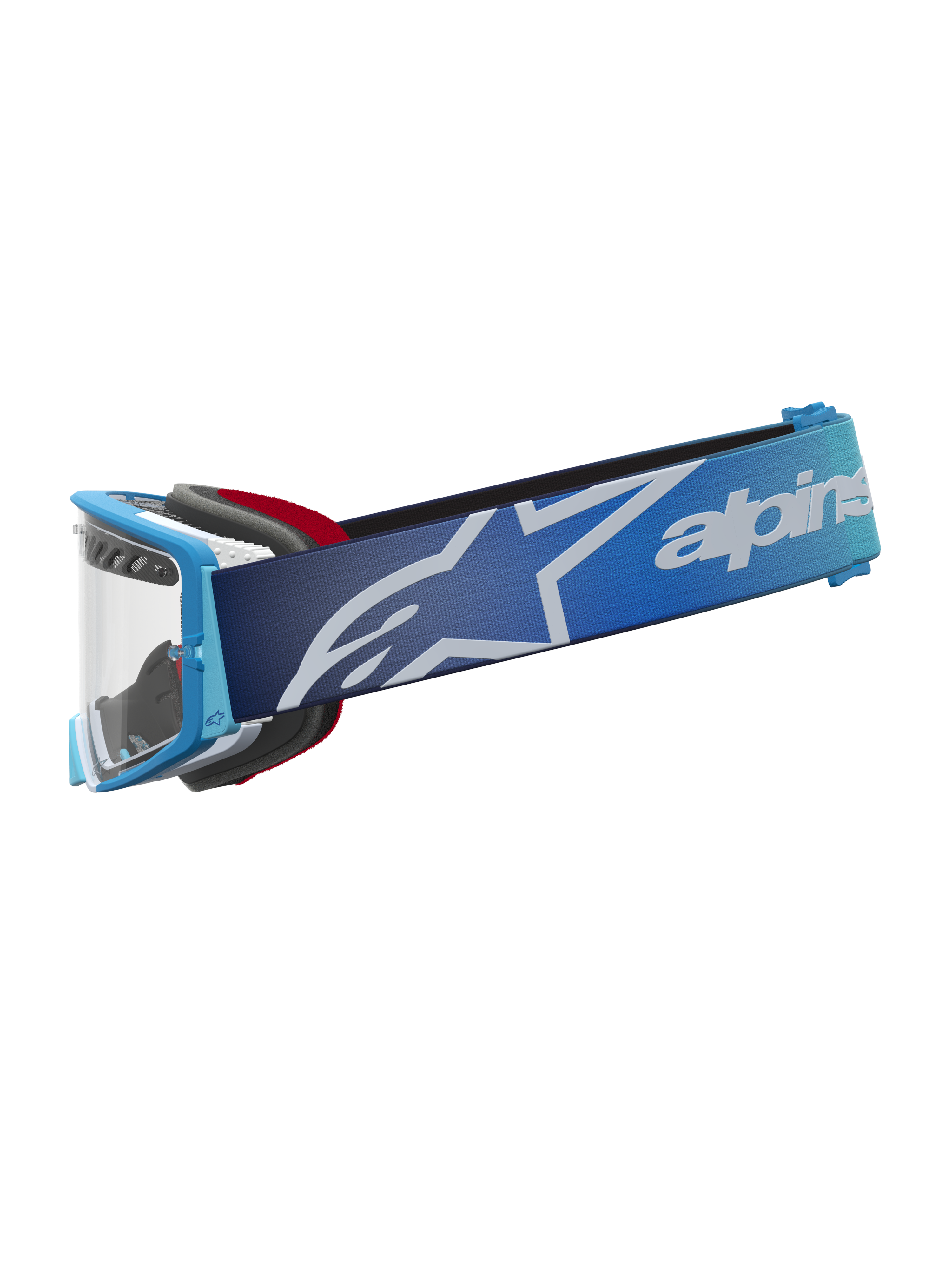 Alpinestars Maschere Supertech Dura Air Fluid, maschere da motocross blu sfumato, lente argento trasparente e cinturino logato per fuoristrada.