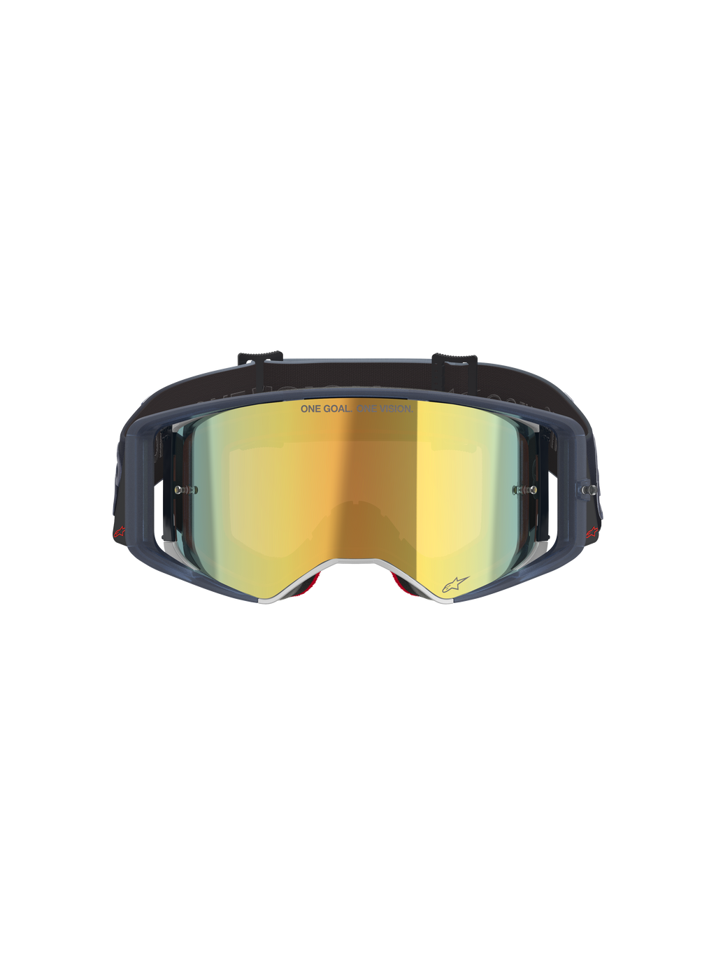 Alpinestars Supertech Vision Vista Goggles, maschere da motocross, Black Mirror Gold, vista frontale con lente dorata a specchio e montatura scura, occhiali professionali per gare off-road con testo "ONE GOAL. ONE VISION." e dettagli del logo.