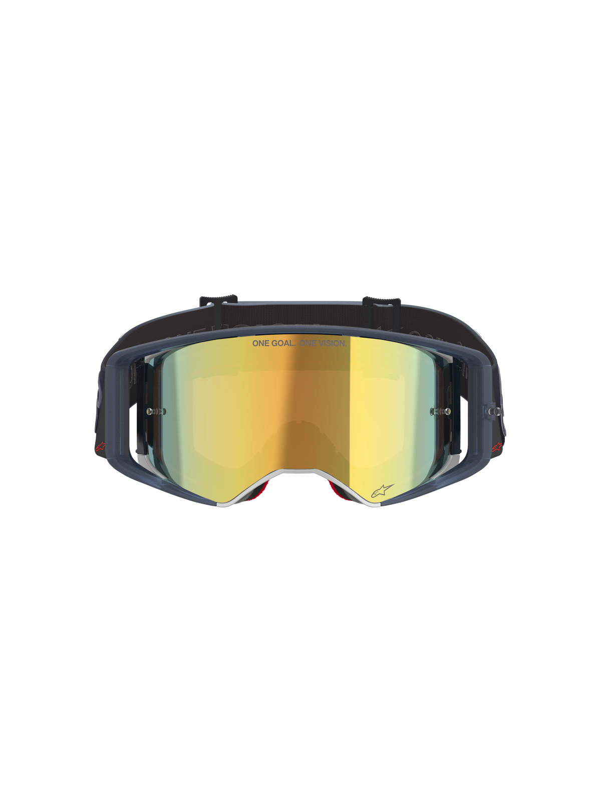 Alpinestars Supertech Vision Vista Goggles, maschere da motocross, Black Mirror Gold, vista frontale con lente dorata a specchio e montatura scura, occhiali professionali per gare off-road con testo "ONE GOAL. ONE VISION." e dettagli del logo.