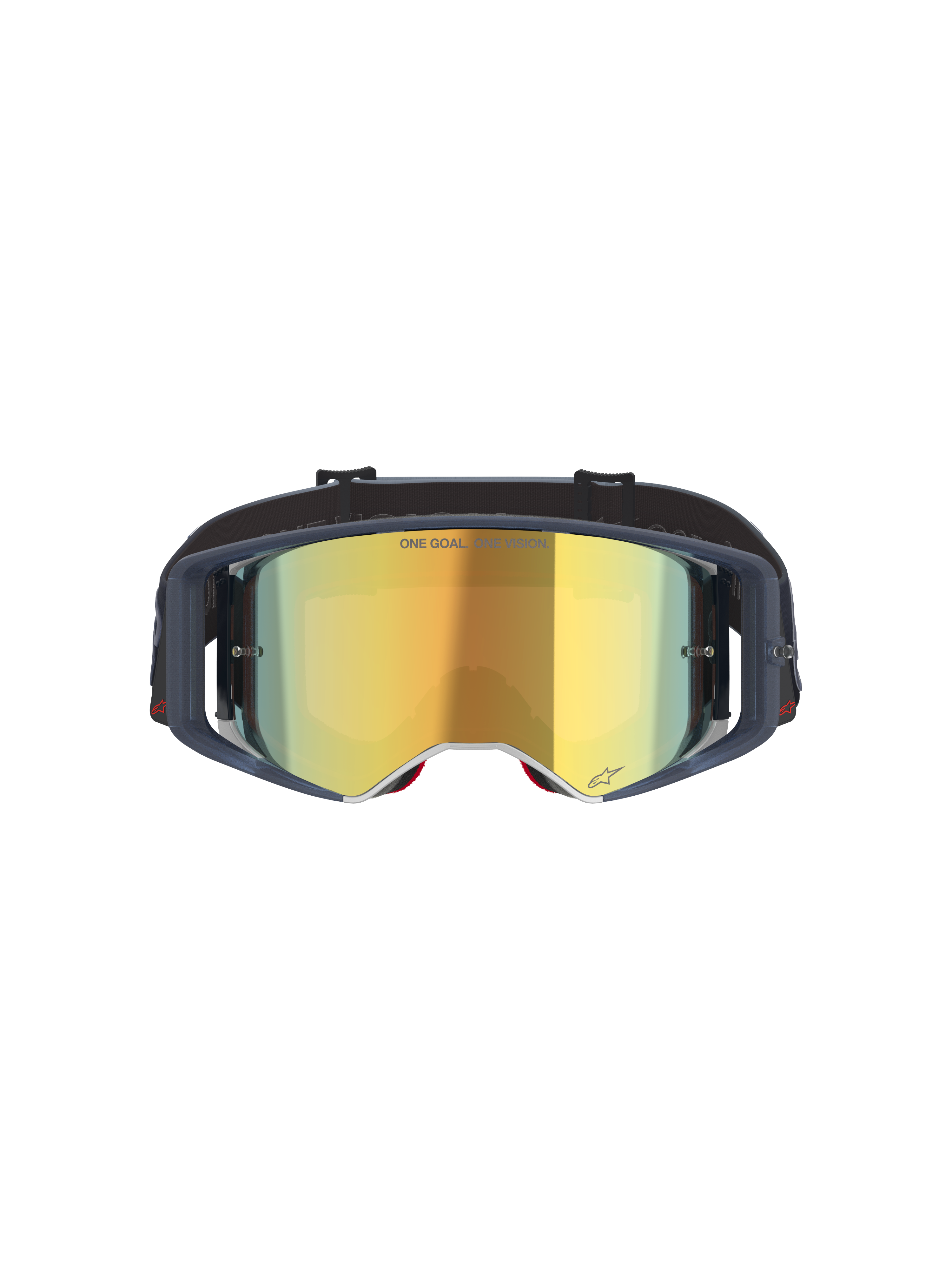 Alpinestars Supertech Vision Vista Goggles, maschere da motocross, Black Mirror Gold, vista frontale con lente dorata a specchio e montatura scura, occhiali professionali per gare off-road con testo "ONE GOAL. ONE VISION." e dettagli del logo.