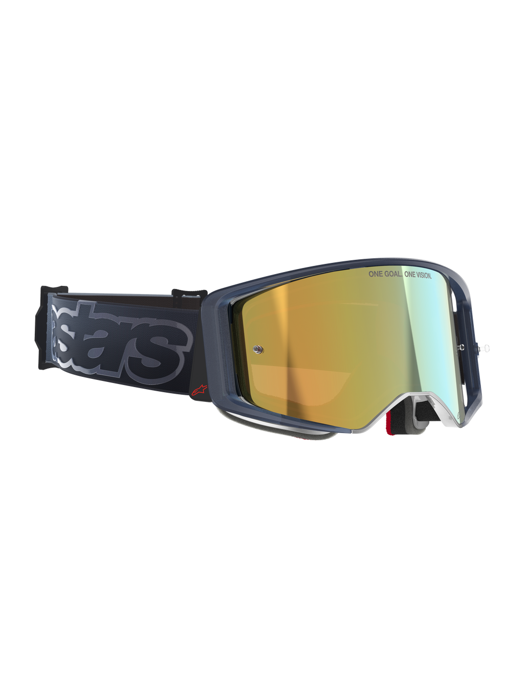 Maschere Alpinestars Supertech Vision Vista, maschere da motocross, Black Mirror Gold, lente specchiata oro con scritta 'ONE GOAL. ONE VISION.', montatura scura con accento logo rosso, ampia fascia nera con branding 'stars' grigio, occhiali off-road ad alte prestazioni