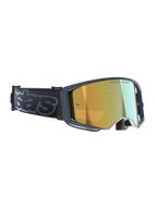 Maschere Alpinestars Supertech Vision Vista, maschere da motocross, Black Mirror Gold, lente specchiata oro con scritta 'ONE GOAL. ONE VISION.', montatura scura con accento logo rosso, ampia fascia nera con branding 'stars' grigio, occhiali off-road ad alte prestazioni