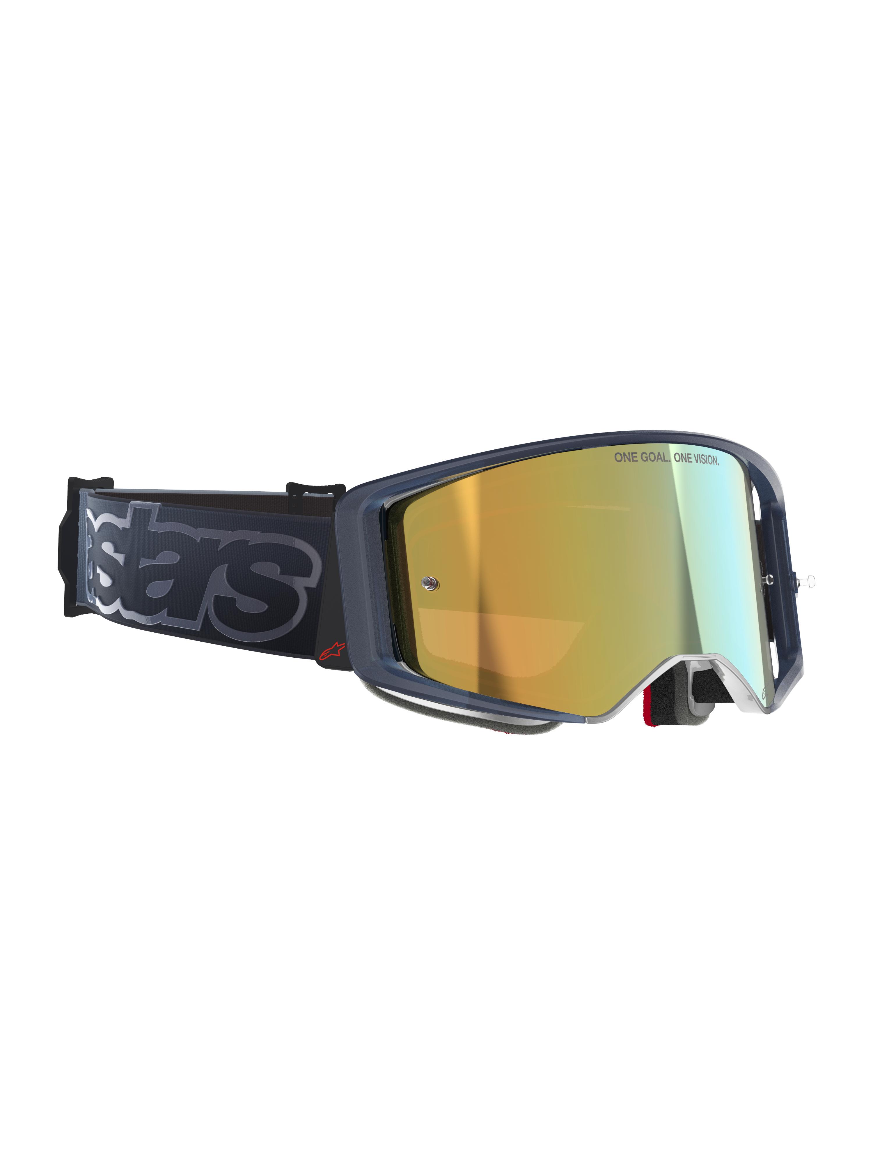 Maschere Alpinestars Supertech Vision Vista, maschere da motocross, Black Mirror Gold, lente specchiata oro con scritta 'ONE GOAL. ONE VISION.', montatura scura con accento logo rosso, ampia fascia nera con branding 'stars' grigio, occhiali off-road ad alte prestazioni