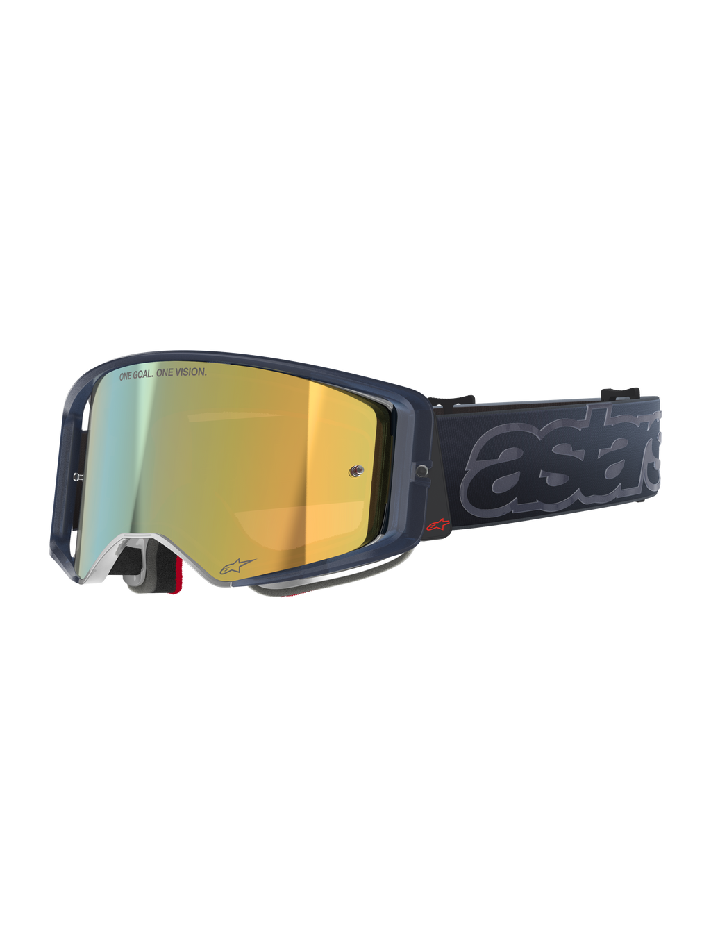 Alpinestars Supertech Vision Vista Goggles, maschera da motocross MX, colorazione Black Mirror Gold, montatura scura traslucida, lente a specchio dorata con scritta "ONE GOAL. ONE VISION.", cinturino nero con grande marchio "astars" grigio a rilievo