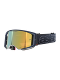 Alpinestars Supertech Vision Vista Goggles, maschera da motocross MX, colorazione Black Mirror Gold, montatura scura traslucida, lente a specchio dorata con scritta "ONE GOAL. ONE VISION.", cinturino nero con grande marchio "astars" grigio a rilievo
