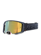 Alpinestars Supertech Vision Vista Goggles, maschera da motocross MX, colorazione Black Mirror Gold, montatura scura traslucida, lente a specchio dorata con scritta "ONE GOAL. ONE VISION.", cinturino nero con grande marchio "astars" grigio a rilievo