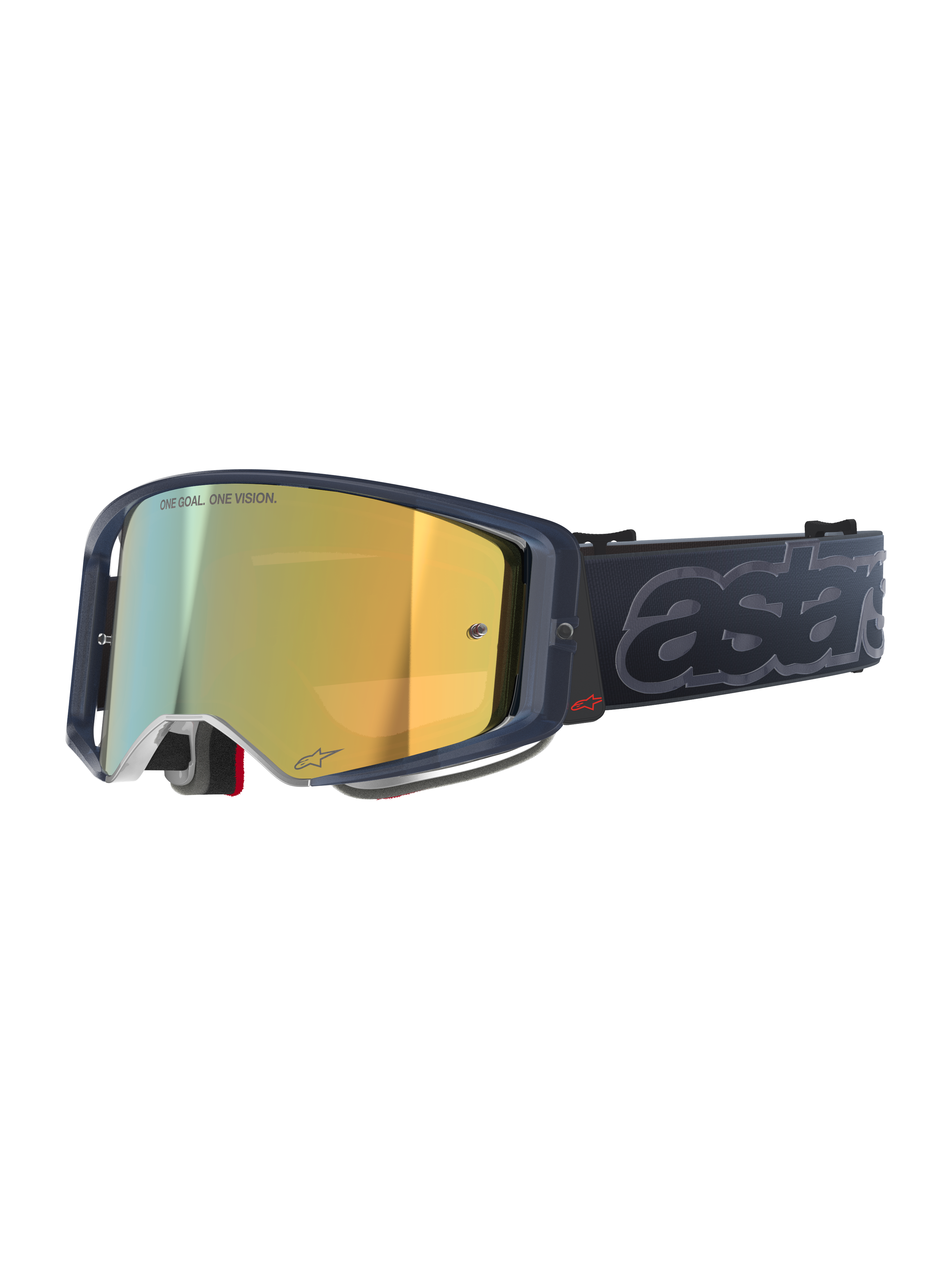 Alpinestars Supertech Vision Vista Goggles, maschera da motocross MX, colorazione Black Mirror Gold, montatura scura traslucida, lente a specchio dorata con scritta "ONE GOAL. ONE VISION.", cinturino nero con grande marchio "astars" grigio a rilievo