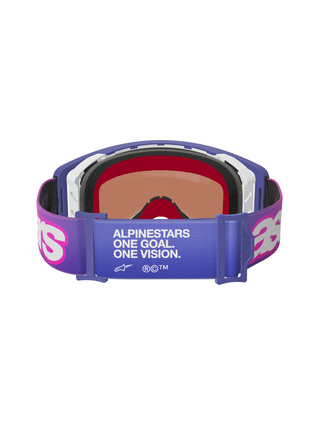 Maschere Alpinestars Supertech Vision Vista, Purple Fluo Pink Mirror Blue, vista posteriore che mostra la fascia elastica con testo bianco "ALPINESTARS ONE GOAL. ONE VISION.", loghi Astar rosa, montatura viola con spessa imbottitura in schiuma, occhiali professionali per competizioni off-road