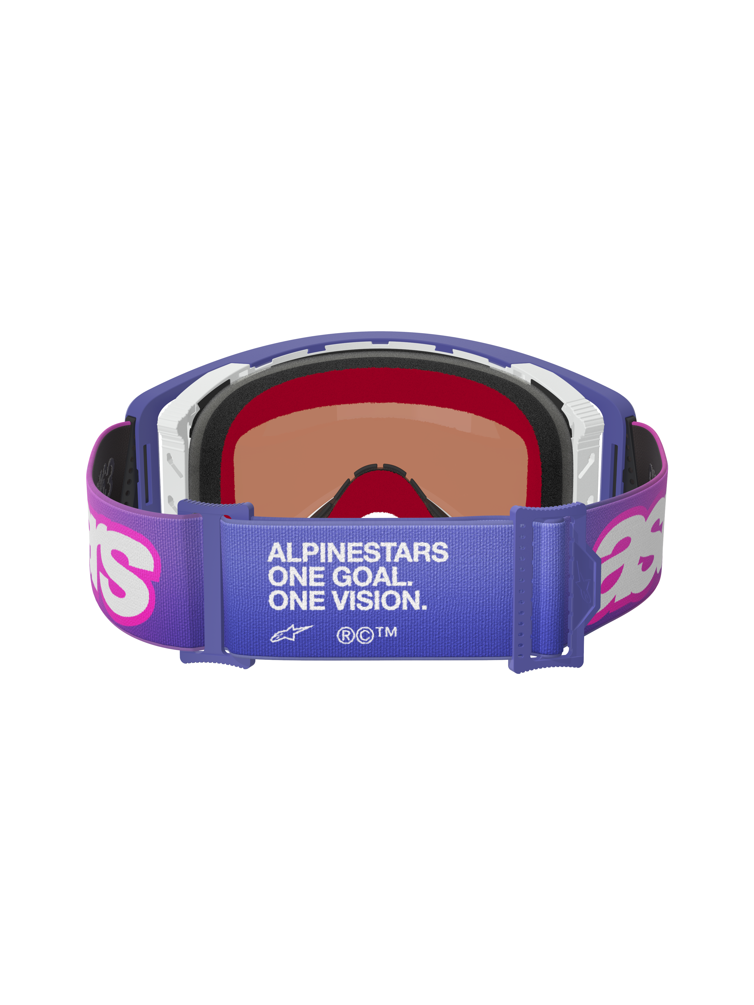 Maschere Alpinestars Supertech Vision Vista, Purple Fluo Pink Mirror Blue, vista posteriore che mostra la fascia elastica con testo bianco "ALPINESTARS ONE GOAL. ONE VISION.", loghi Astar rosa, montatura viola con spessa imbottitura in schiuma, occhiali professionali per competizioni off-road