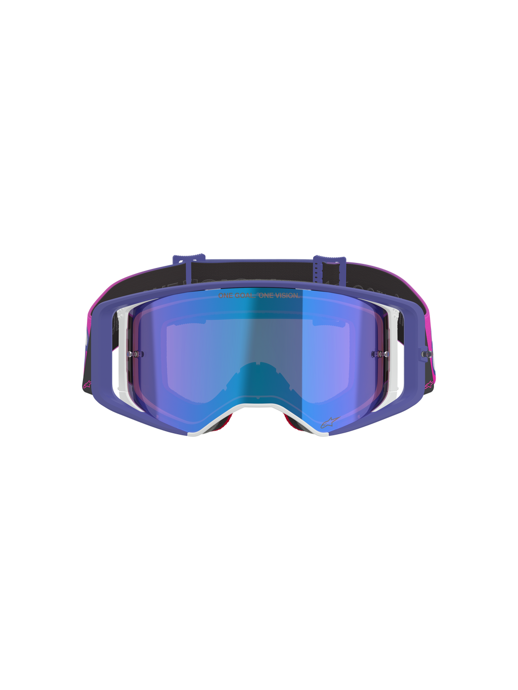 Maschera Alpinestars Supertech Vision Vista, maschera da motocross, viola, rosa fluo e blu specchiato, vista frontale con lente blu specchiata, montatura viola con accenti bianchi e fascia rosa vivace e nera con logo Alpinestars
