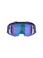 Maschera Alpinestars Supertech Vision Vista, maschera da motocross, viola, rosa fluo e blu specchiato, vista frontale con lente blu specchiata, montatura viola con accenti bianchi e fascia rosa vivace e nera con logo Alpinestars