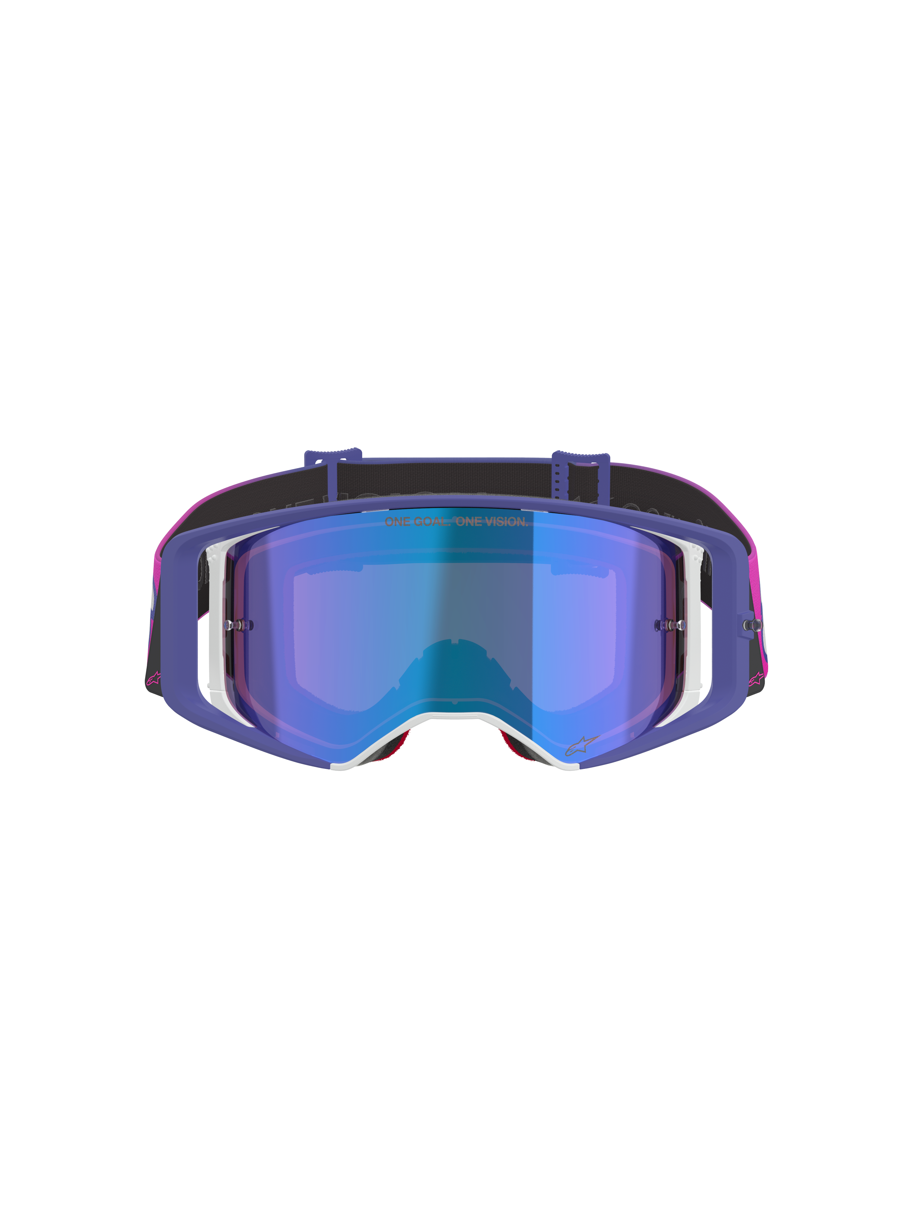 Maschera Alpinestars Supertech Vision Vista, maschera da motocross, viola, rosa fluo e blu specchiato, vista frontale con lente blu specchiata, montatura viola con accenti bianchi e fascia rosa vivace e nera con logo Alpinestars