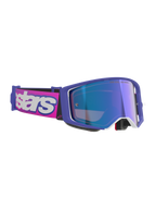 Maschere Alpinestars Supertech Vision Vista, maschere da motocross, montatura viola e rosa fluorescente con lente a specchio blu riflettente, fascia rosa con logo Alpinestars bianco, occhiali professionali per il fuoristrada