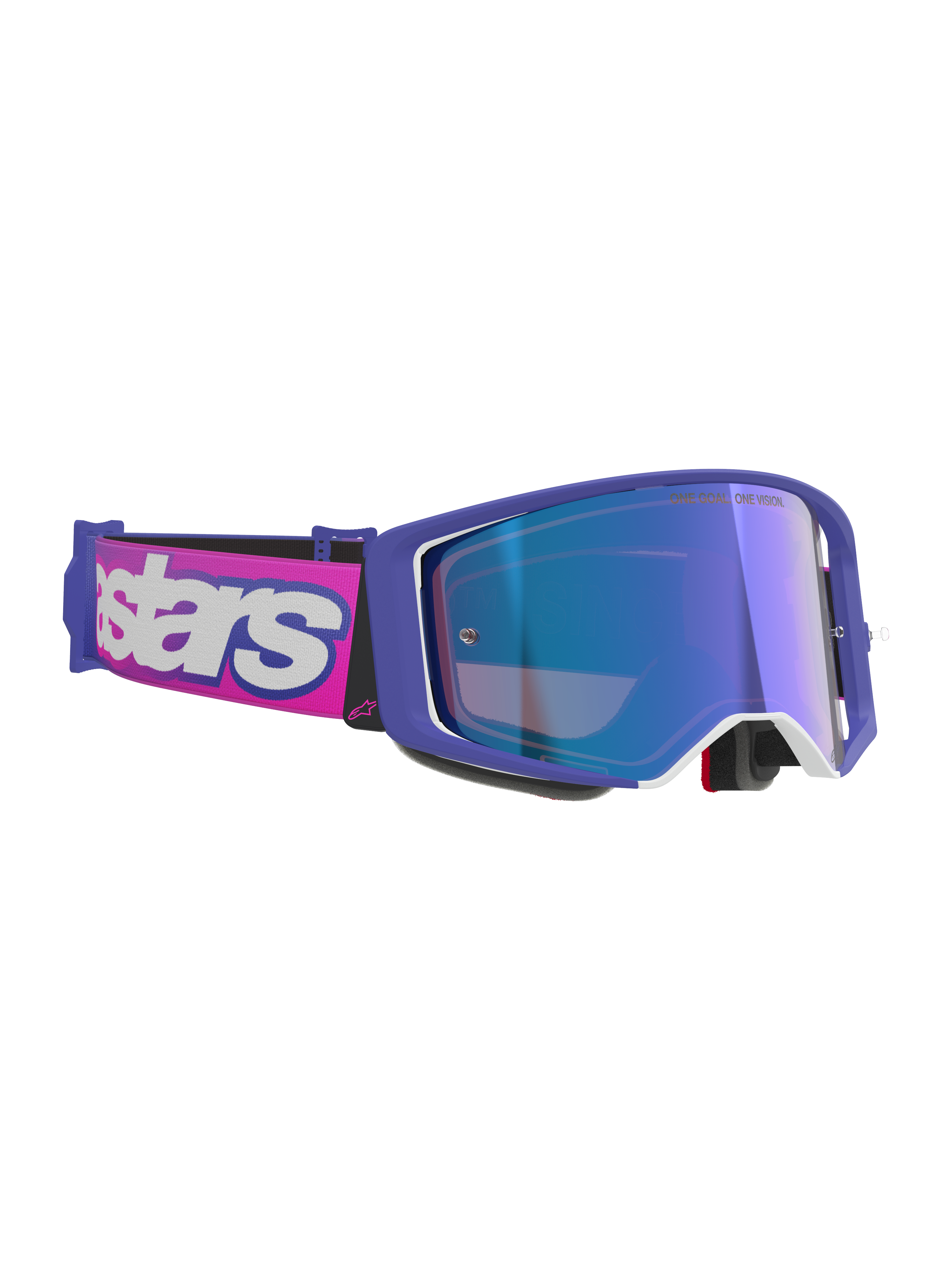 Maschere Alpinestars Supertech Vision Vista, maschere da motocross, montatura viola e rosa fluorescente con lente a specchio blu riflettente, fascia rosa con logo Alpinestars bianco, occhiali professionali per il fuoristrada