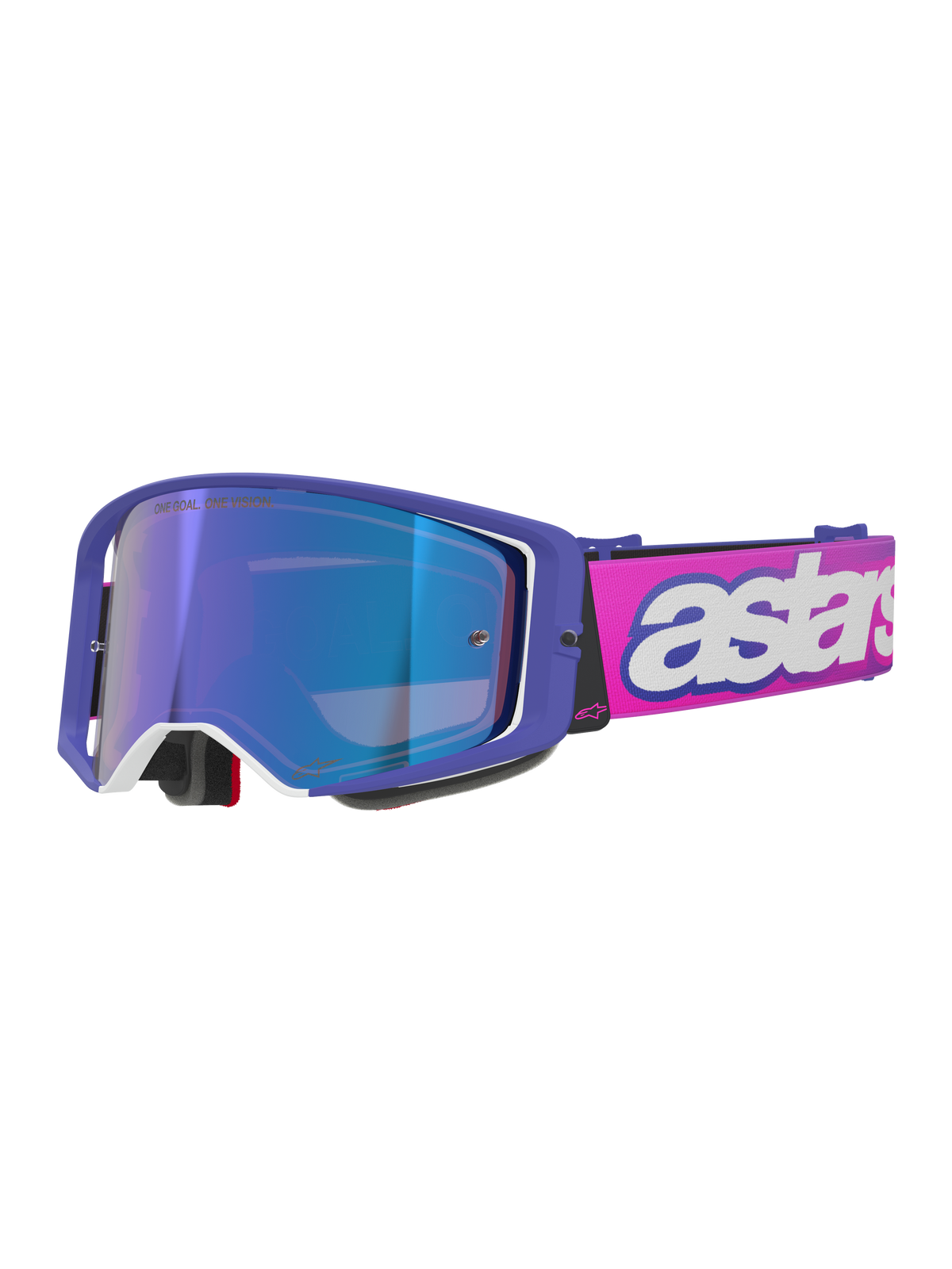 Maschere Alpinestars Supertech Vision Vista, maschere da motocross, montatura viola con accenti bianchi e lente blu a specchio, fascia rosa fluo con scritta 'astars' bianca, occhiali professionali per corse fuoristrada