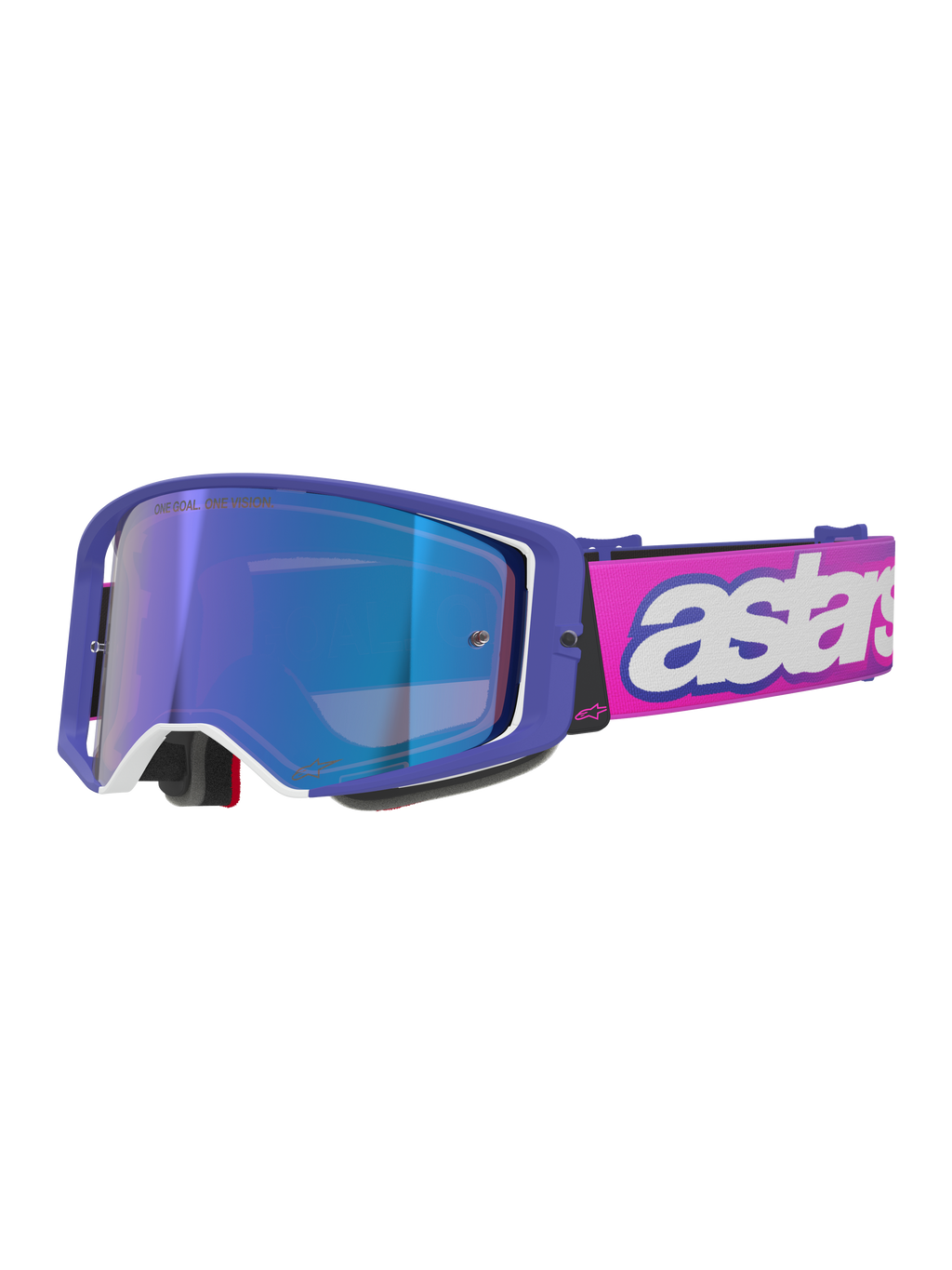 Maschere Alpinestars Supertech Vision Vista, maschere da motocross, montatura viola con accenti bianchi e lente blu a specchio, fascia rosa fluo con scritta 'astars' bianca, occhiali professionali per corse fuoristrada