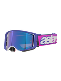 Maschere Alpinestars Supertech Vision Vista, maschere da motocross, montatura viola con accenti bianchi e lente blu a specchio, fascia rosa fluo con scritta 'astars' bianca, occhiali professionali per corse fuoristrada