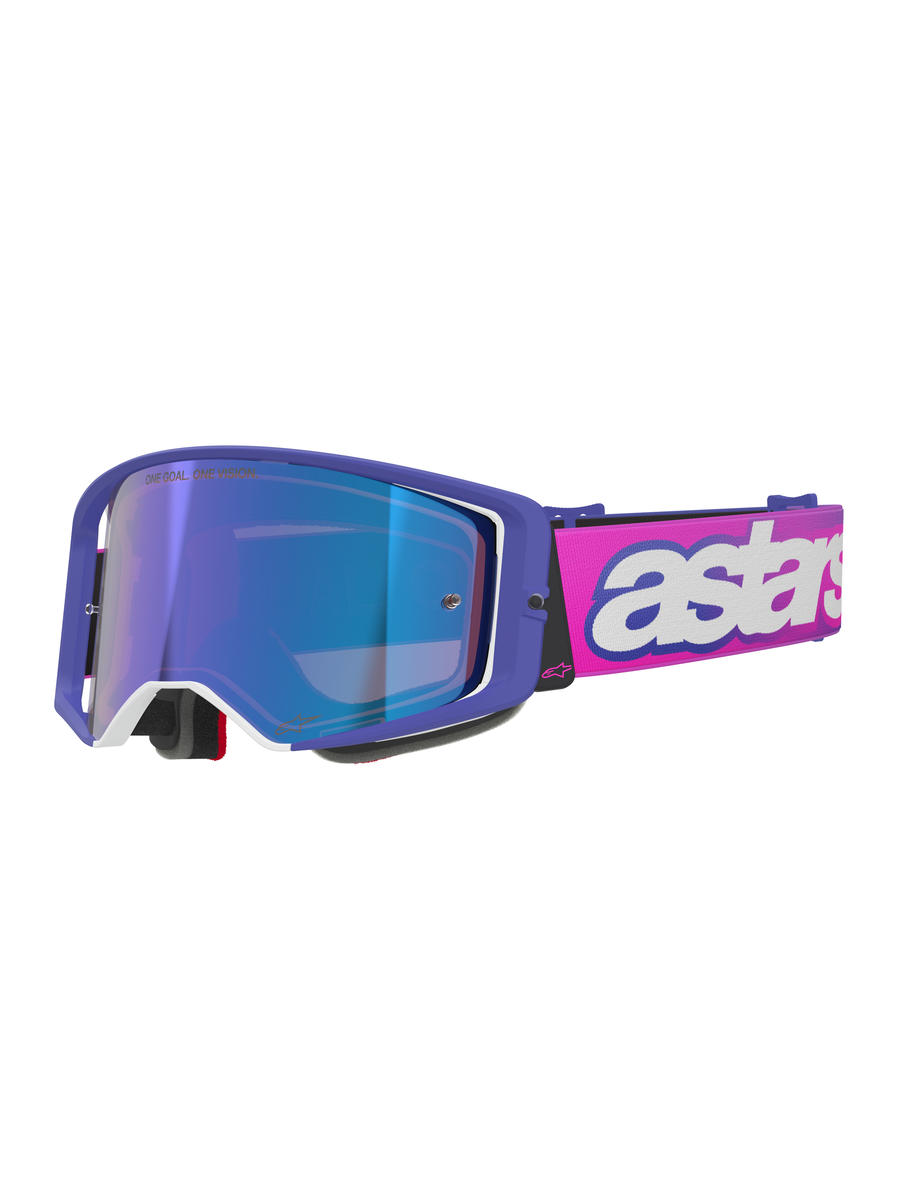 Maschere Alpinestars Supertech Vision Vista, maschere da motocross, montatura viola con accenti bianchi e lente blu a specchio, fascia rosa fluo con scritta 'astars' bianca, occhiali professionali per corse fuoristrada