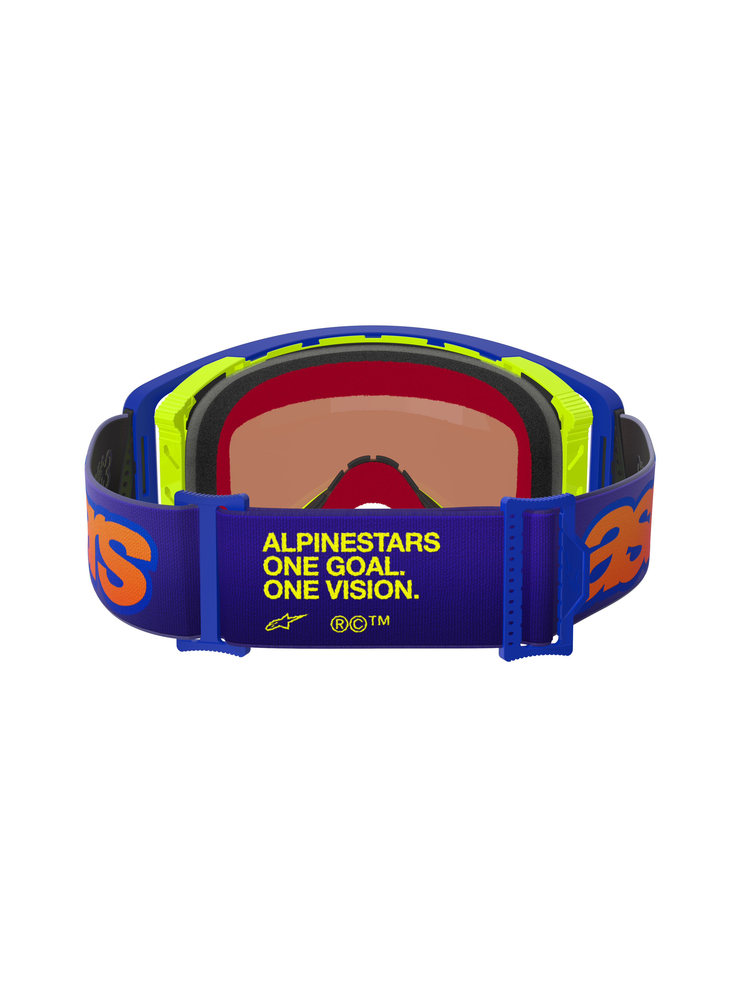 Maschere Alpinestars Supertech Vision Vista, vista posteriore, cinturino viola con scritta gialla "ONE GOAL. ONE VISION." e loghi arancioni, montatura blu e giallo neon, imbottitura facciale multistrato, lente rossa a specchio, occhiali da motocross professionali