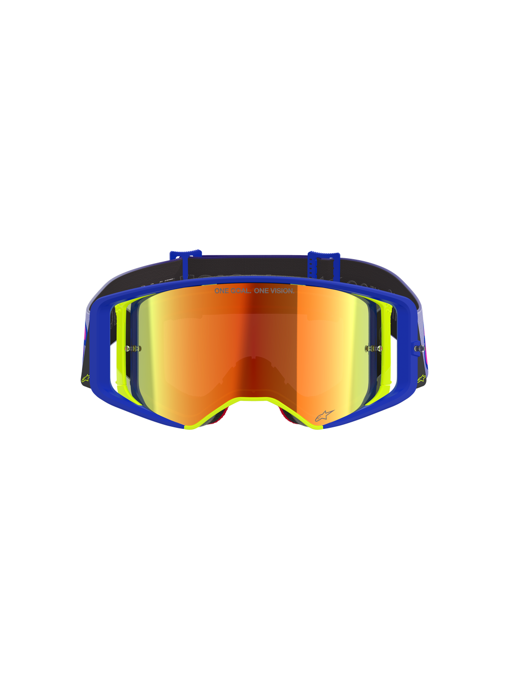 Alpinestars Supertech Vision Vista Goggles, maschere da motocross, montatura blu e gialla con lente a specchio rossa, riflessi viola e arancioni, scritta 'ONE GOAL. ONE VISION.' sulla lente, occhiali professionali ad alte prestazioni per il fuoristrada