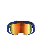 Alpinestars Supertech Vision Vista Goggles, maschere da motocross, montatura blu e gialla con lente a specchio rossa, riflessi viola e arancioni, scritta 'ONE GOAL. ONE VISION.' sulla lente, occhiali professionali ad alte prestazioni per il fuoristrada