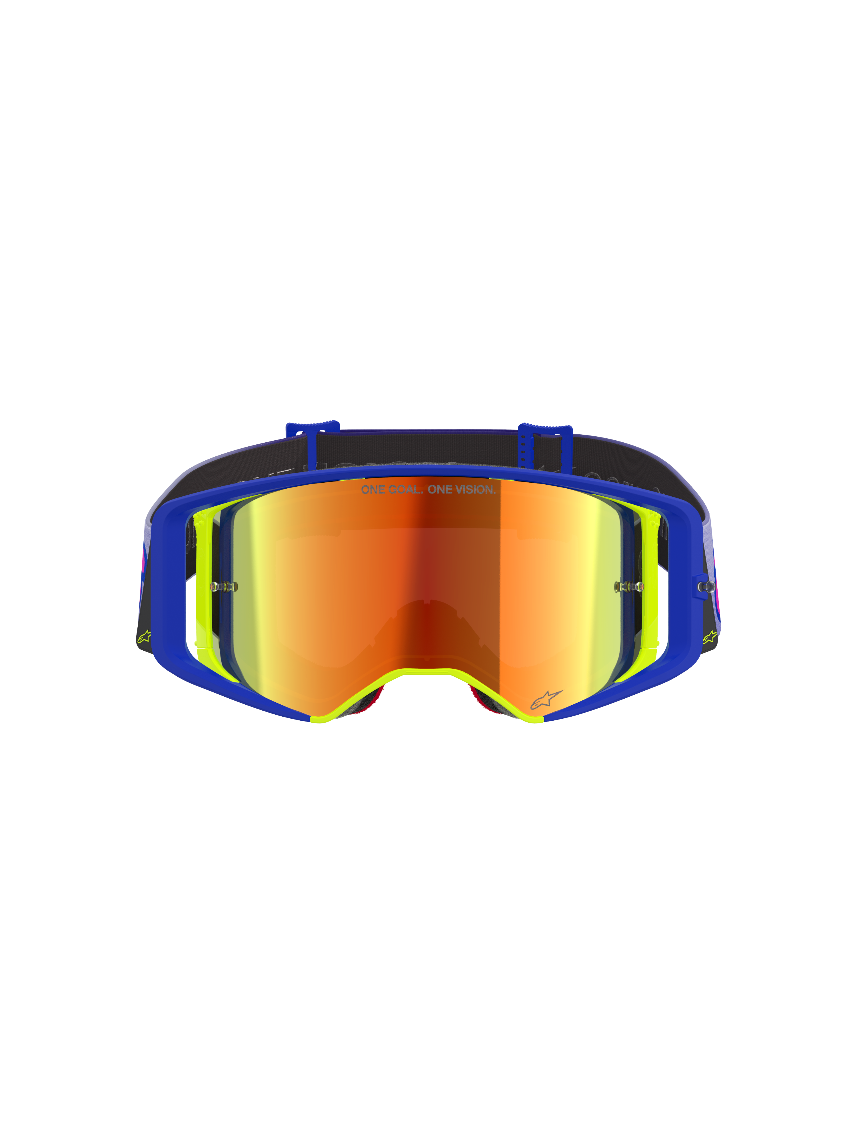 Alpinestars Supertech Vision Vista Goggles, maschere da motocross, montatura blu e gialla con lente a specchio rossa, riflessi viola e arancioni, scritta 'ONE GOAL. ONE VISION.' sulla lente, occhiali professionali ad alte prestazioni per il fuoristrada
