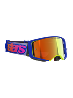 Maschere Alpinestars Supertech Vision Vista, maschere da motocross, montatura blu e gialla con lente a specchio rossa, fascia viola con logo Alpinestars rosa acceso, occhiali protettivi professionali per corse fuoristrada