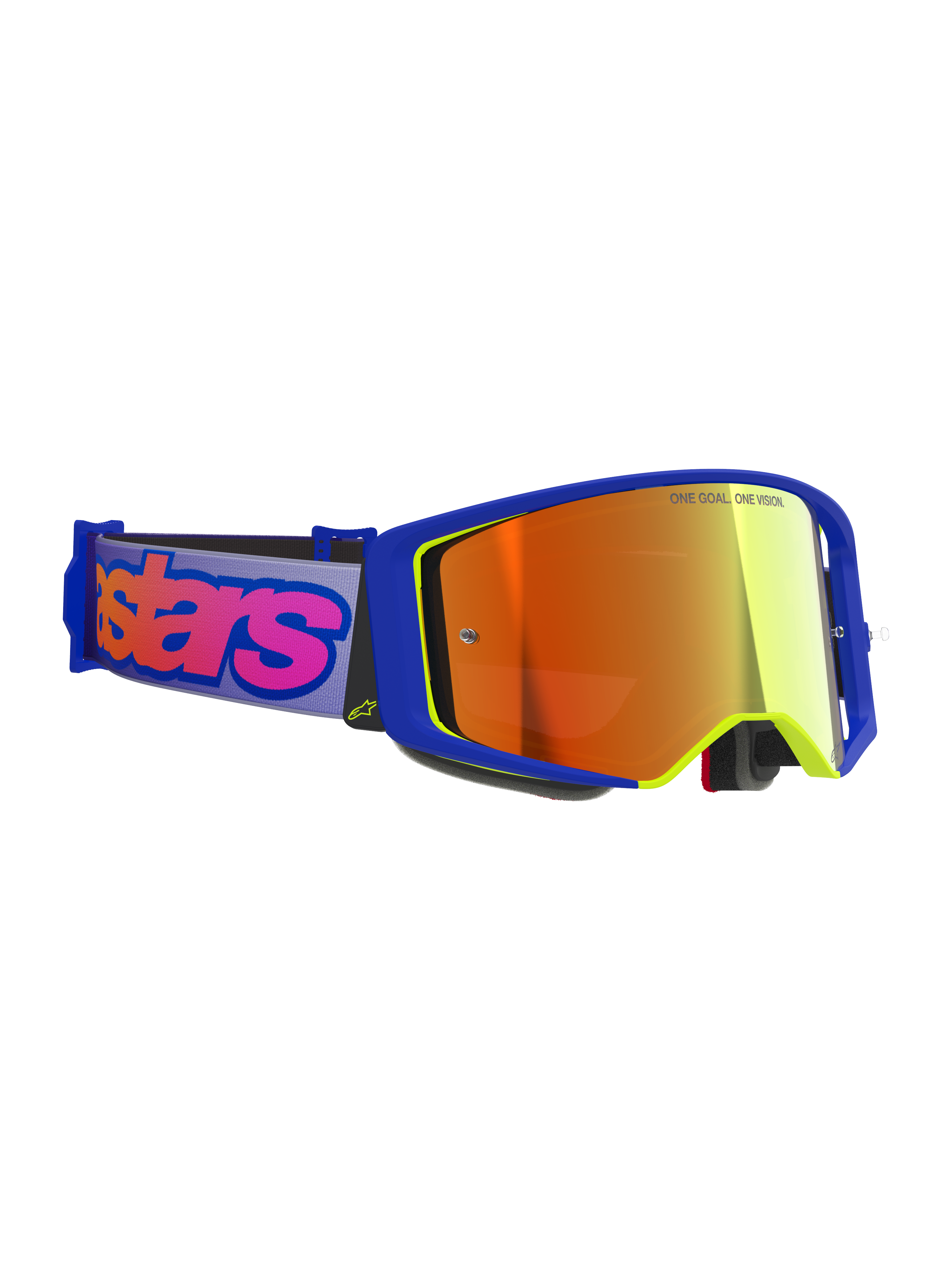 Maschere Alpinestars Supertech Vision Vista, maschere da motocross, montatura blu e gialla con lente a specchio rossa, fascia viola con logo Alpinestars rosa acceso, occhiali protettivi professionali per corse fuoristrada