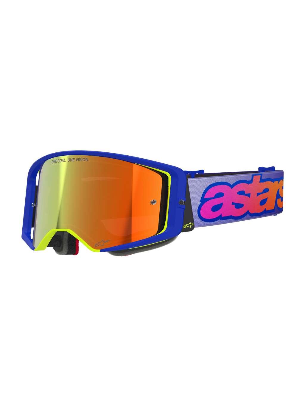 Alpinestars Supertech Vision Vista Goggles, occhiali da motocross, montatura blu con dettagli giallo neon, lente a specchio arancione-rossa, cinturino viola chiaro con logo "astars" rosa e arancione, scritta "ONE GOAL. ONE VISION." sulla lente