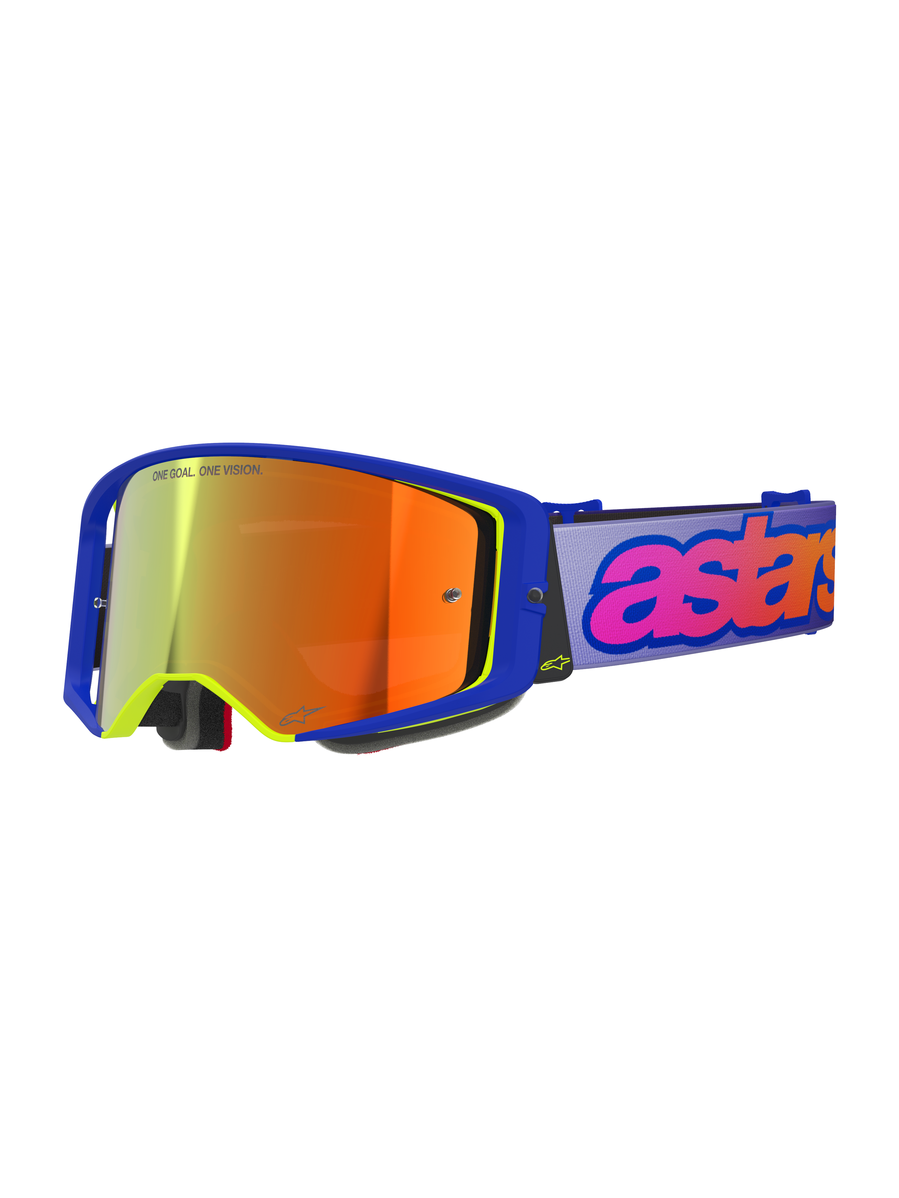 Alpinestars Supertech Vision Vista Goggles, occhiali da motocross, montatura blu con dettagli giallo neon, lente a specchio arancione-rossa, cinturino viola chiaro con logo "astars" rosa e arancione, scritta "ONE GOAL. ONE VISION." sulla lente