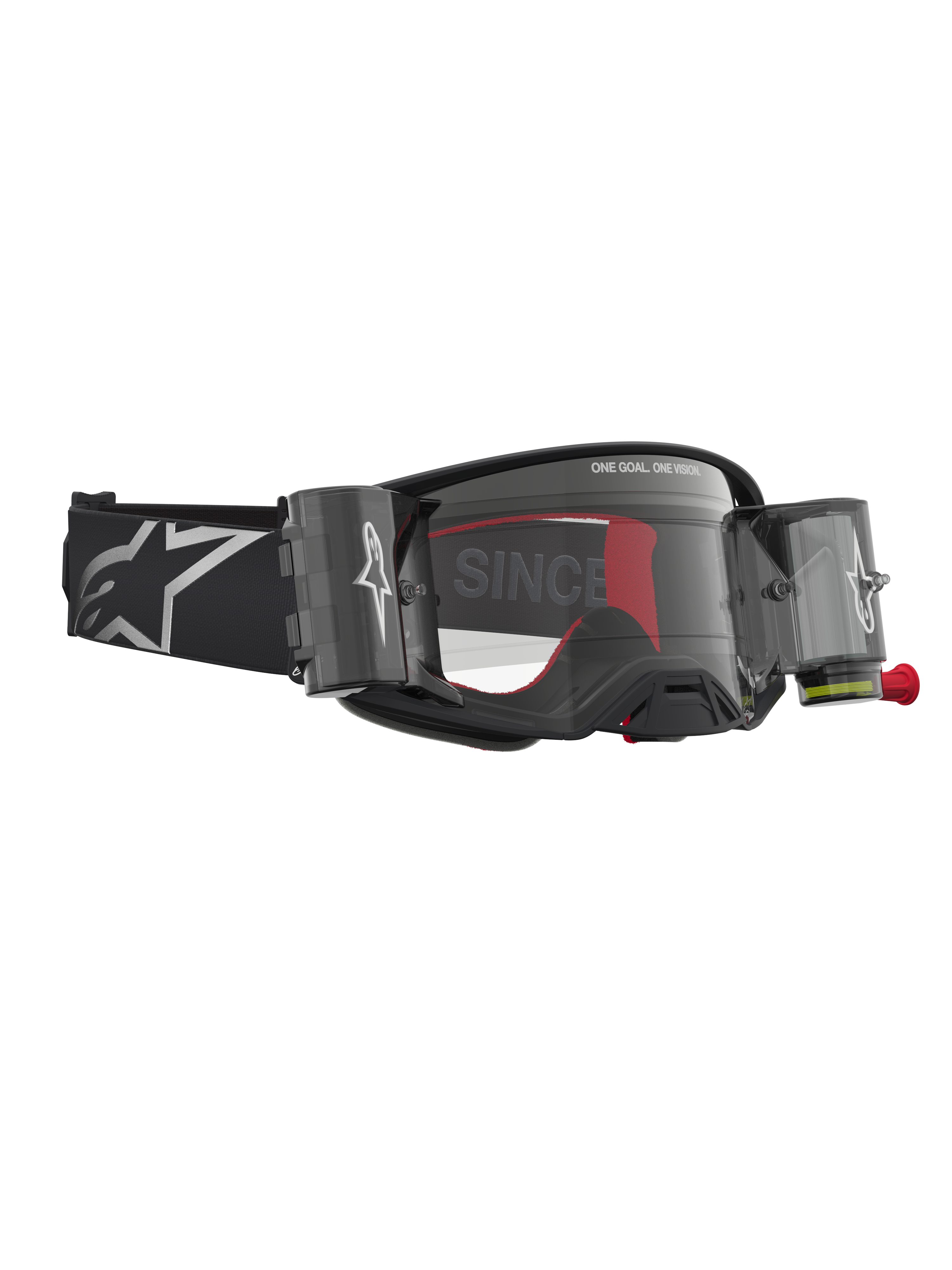 Alpinestars Maschere Supertech Firma Roll Off, maschere da motocross, nero e argento, con sistema roll-off integrato e lente trasparente, cinturino nero con logo Alpinestars, attrezzatura professionale per fuoristrada.