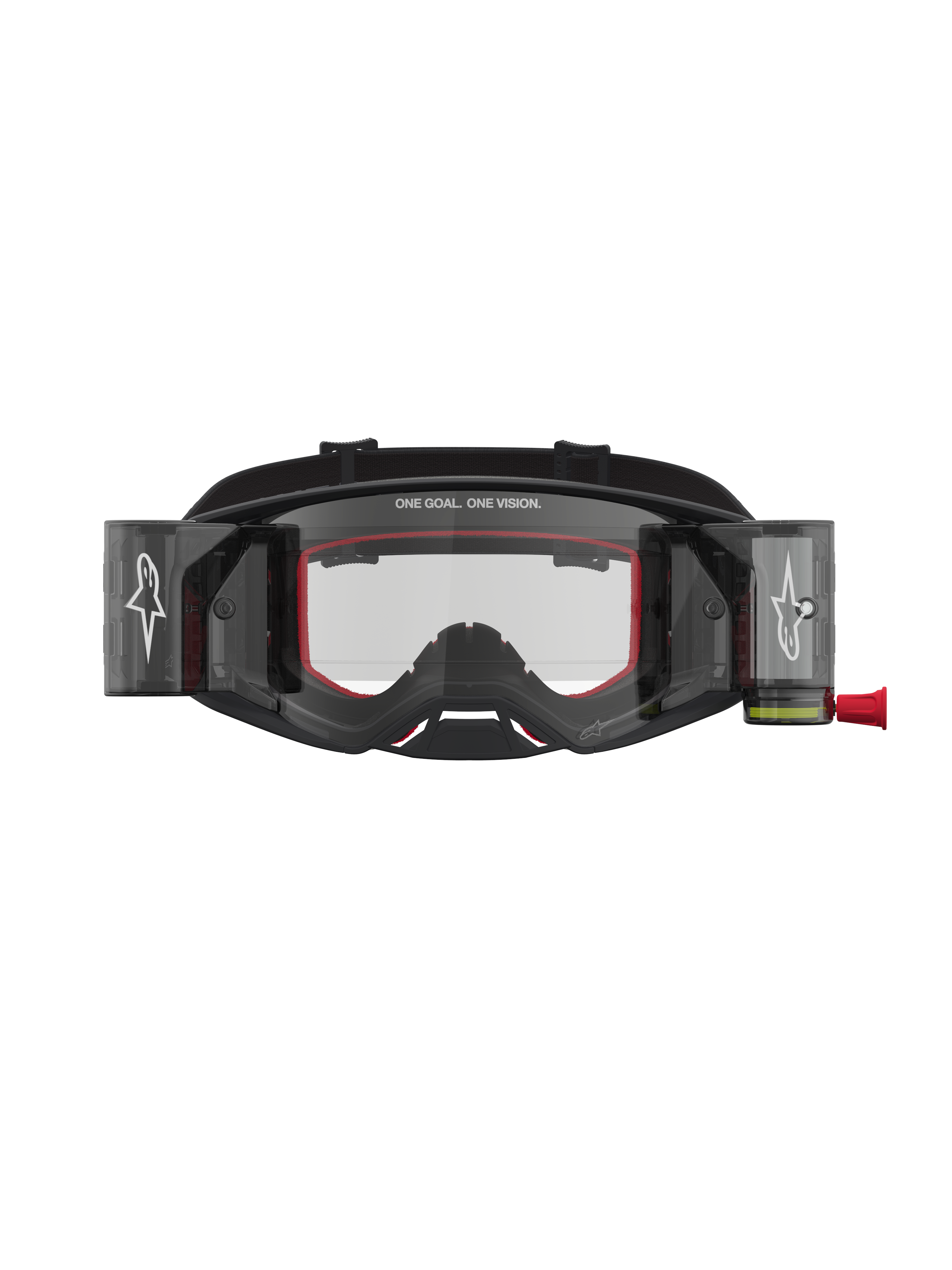 Alpinestars maschere Supertech Firma Roll Off, maschere da motocross racing nere e argento con dettagli rossi, lente trasparente con sistema roll off