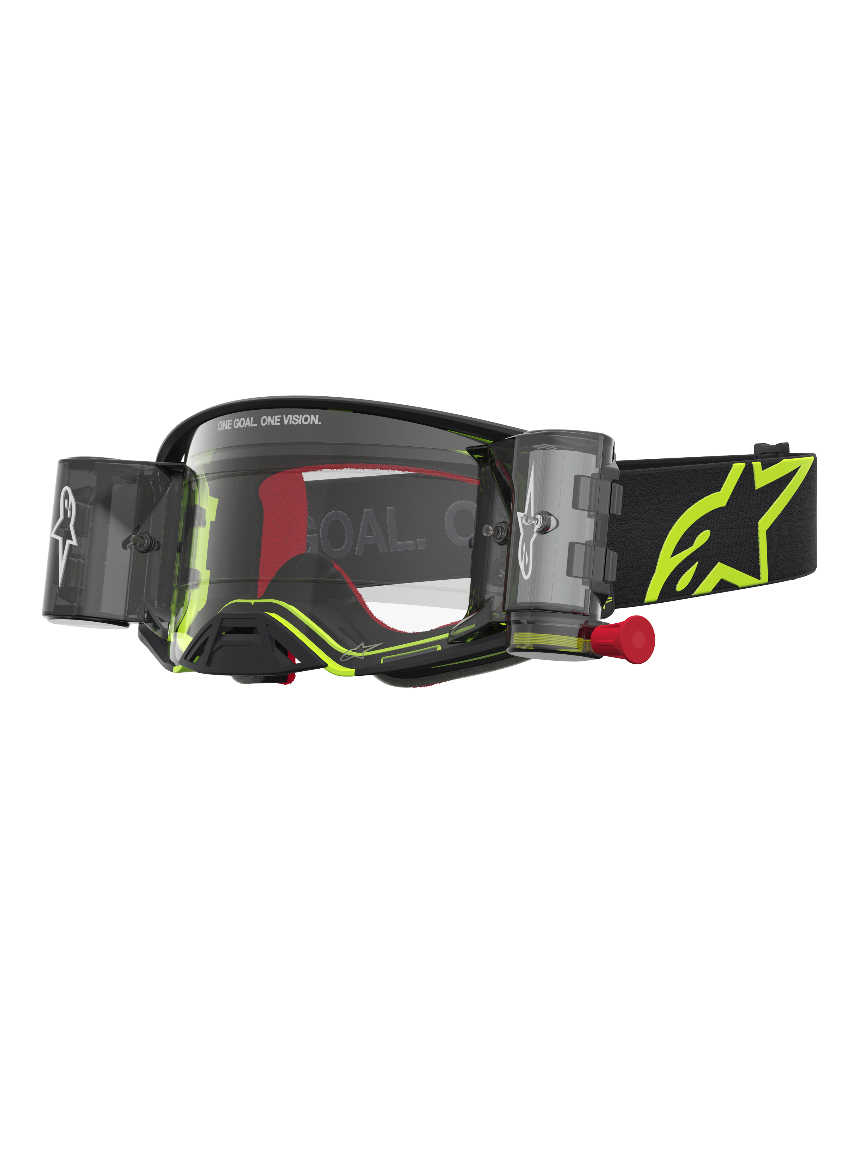 Alpinestars Maschere Supertech Firma Roll Off, maschere da motocross nero e giallo fluo, lente trasparente e sistema roll-off.