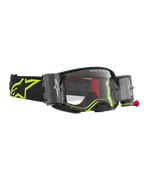 Alpinestars Maschere Supertech Firma Roll Off, maschere motocross racing, nero e giallo fluo, sistema roll-off e lente trasparente, cinturino con logo Astars fluo.