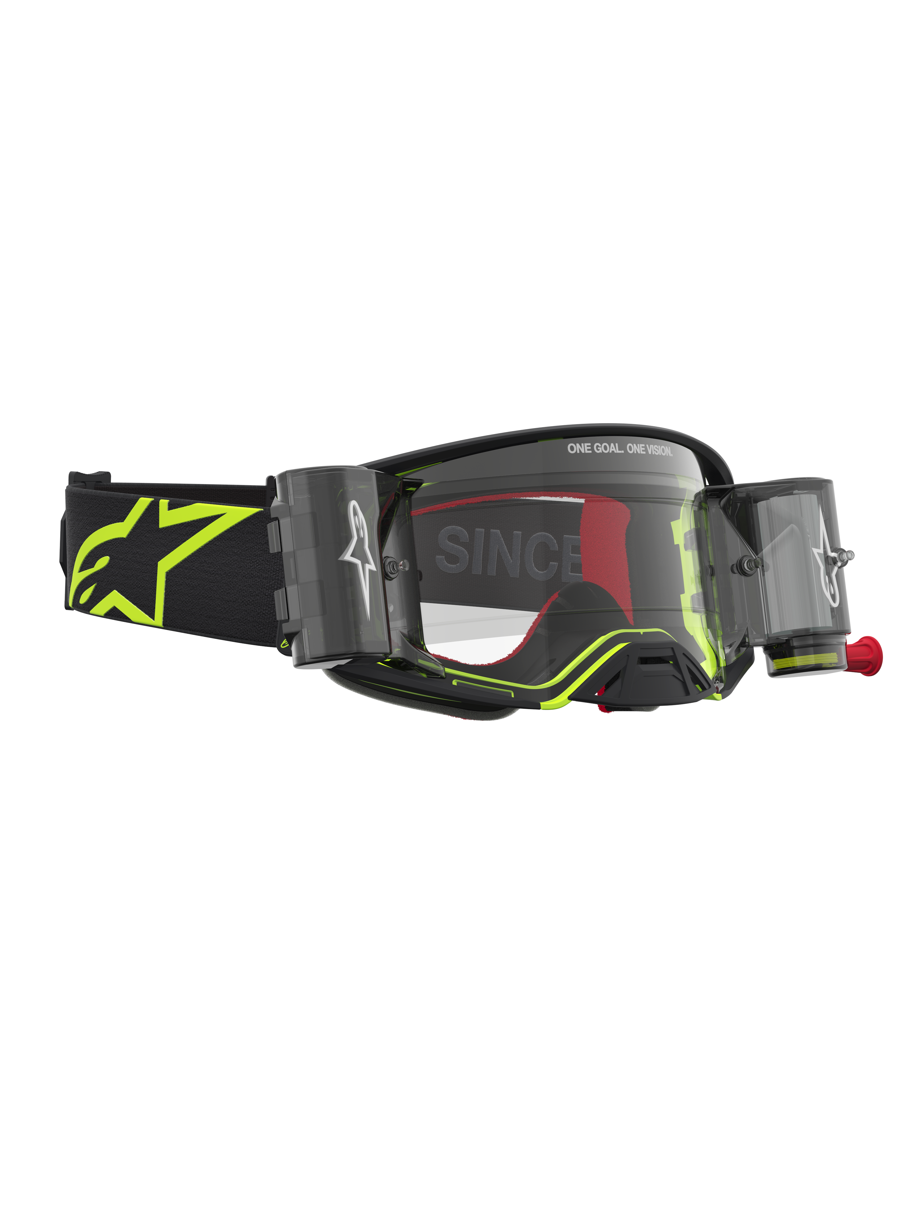 Alpinestars Maschere Supertech Firma Roll Off, maschere motocross racing, nero e giallo fluo, sistema roll-off e lente trasparente, cinturino con logo Astars fluo.